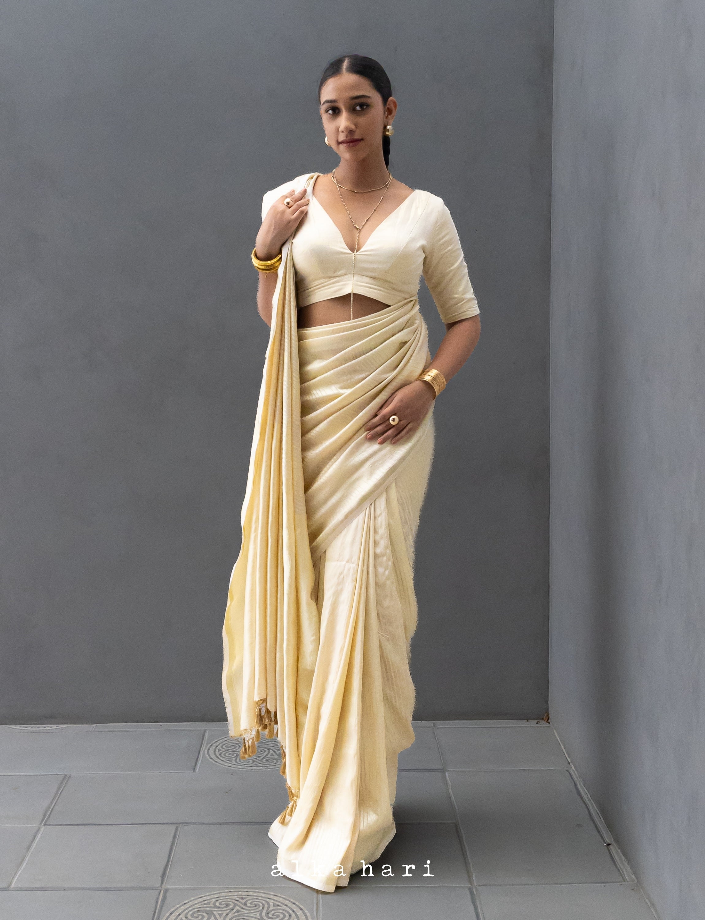Beige Stripes Silk Saree