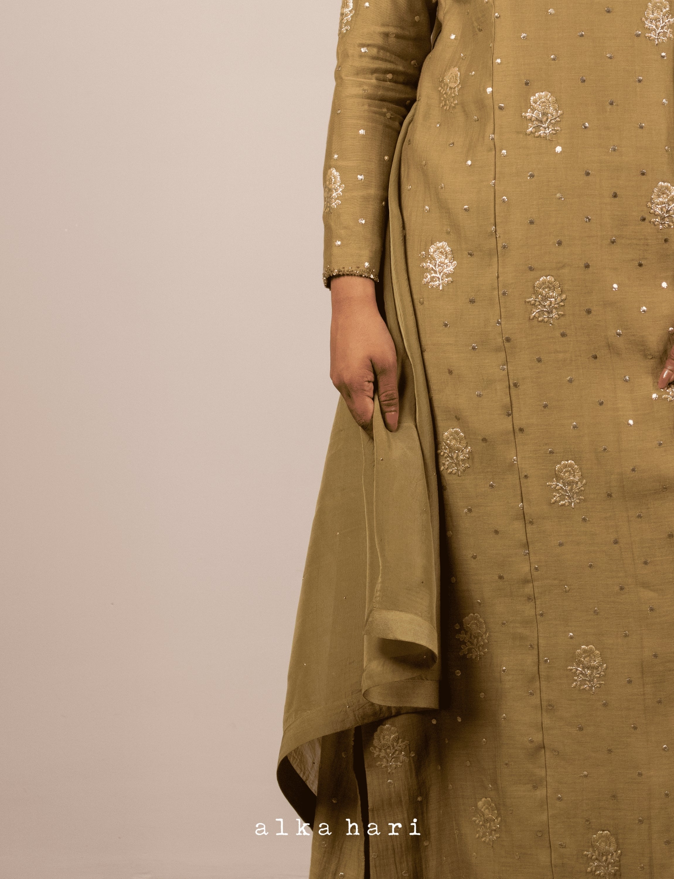Olive Green Golden Embroidered Chanderi Kurta