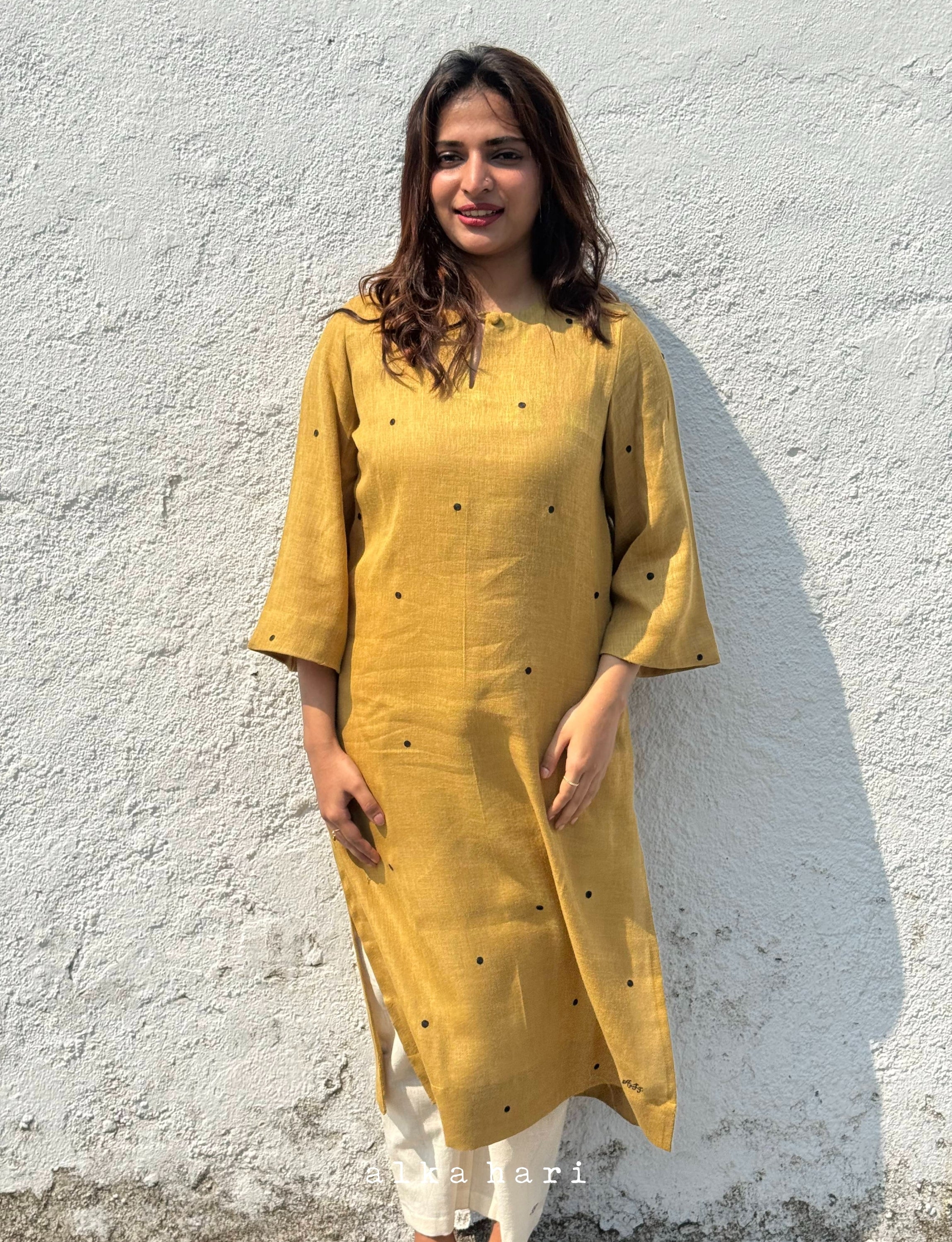 Mustard Yellow Polka Dot Linen Kurta