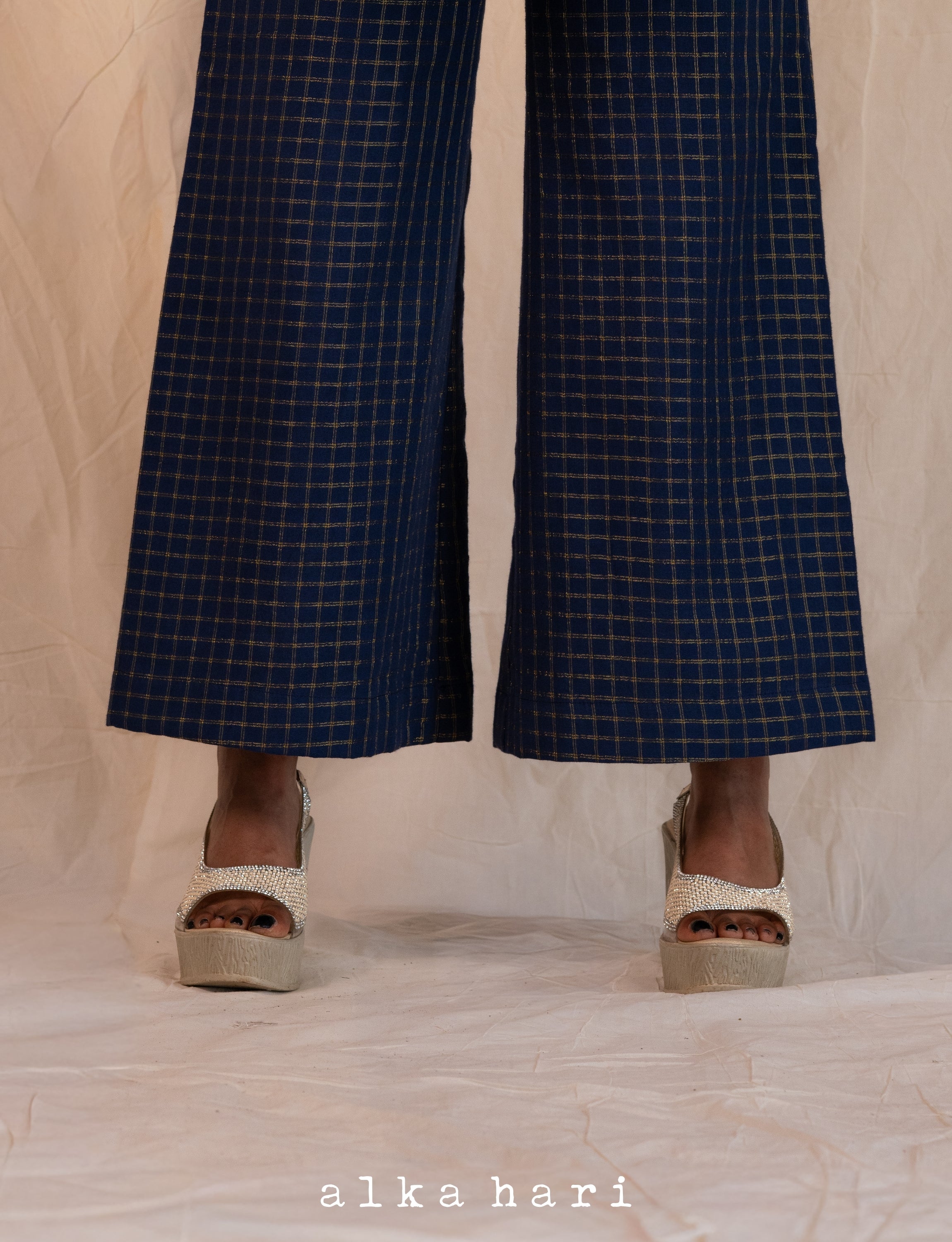 Blue Single Check Palazzo Pants