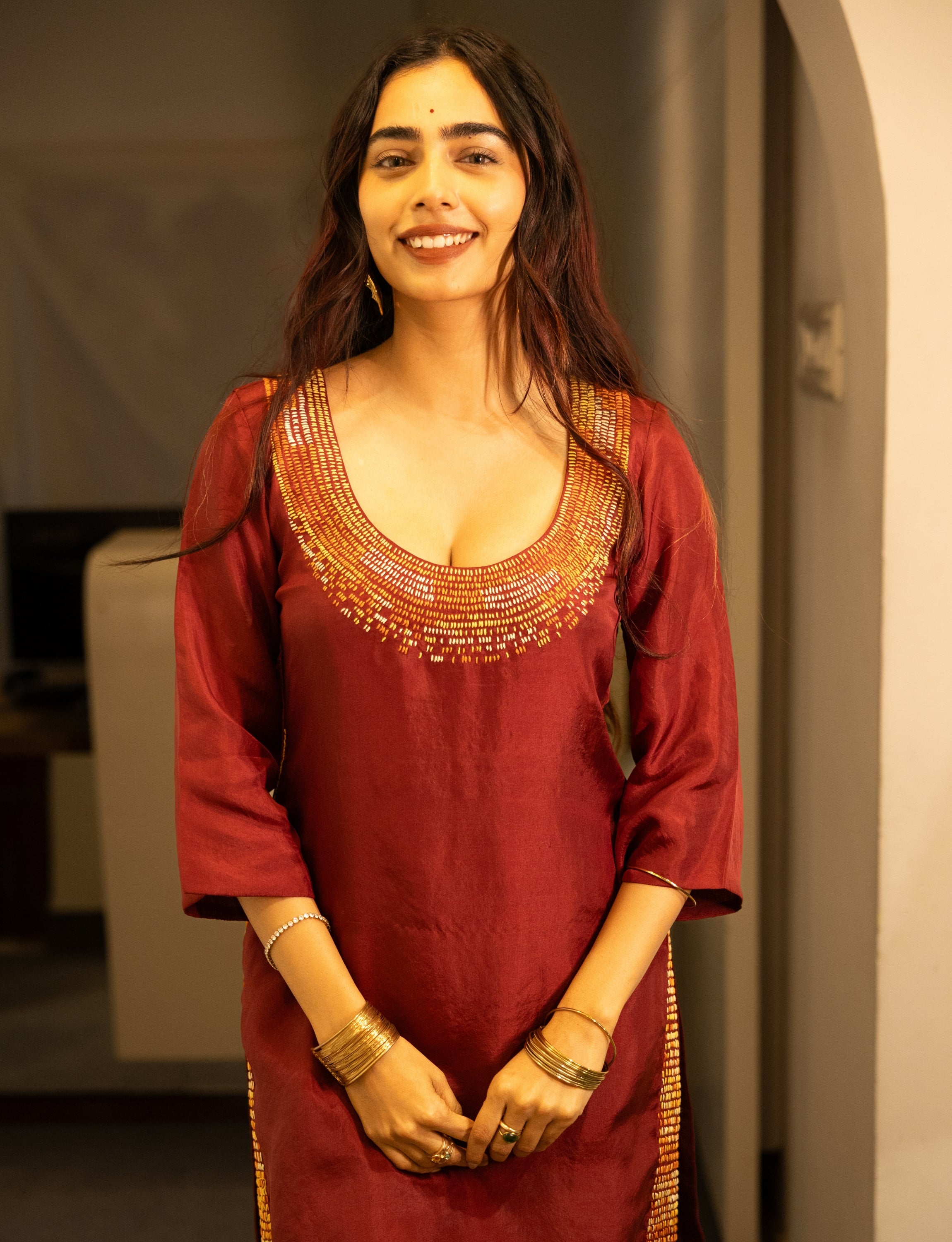 Red Silk Embroidered Short Kurta