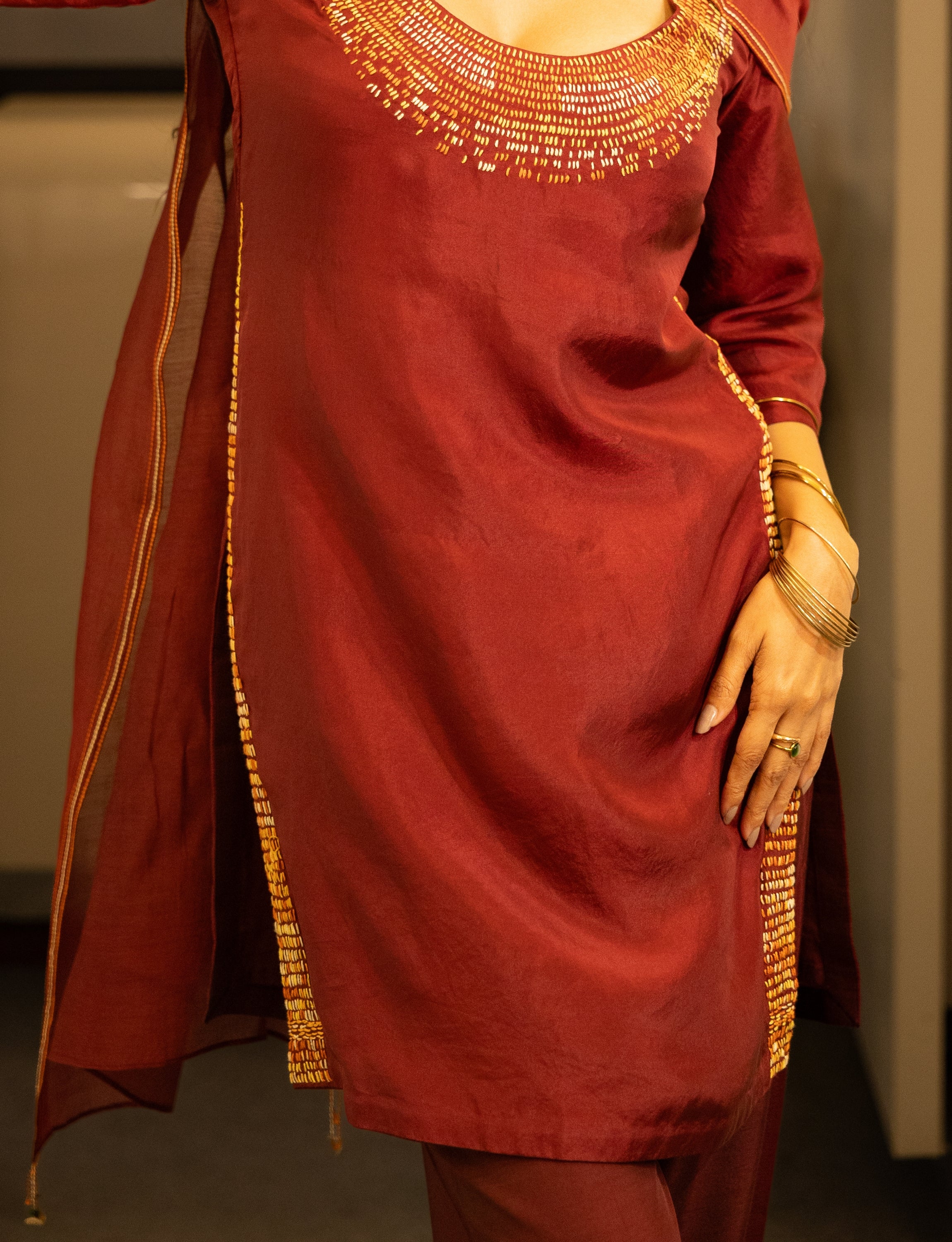 Red Silk Embroidered Short Kurta