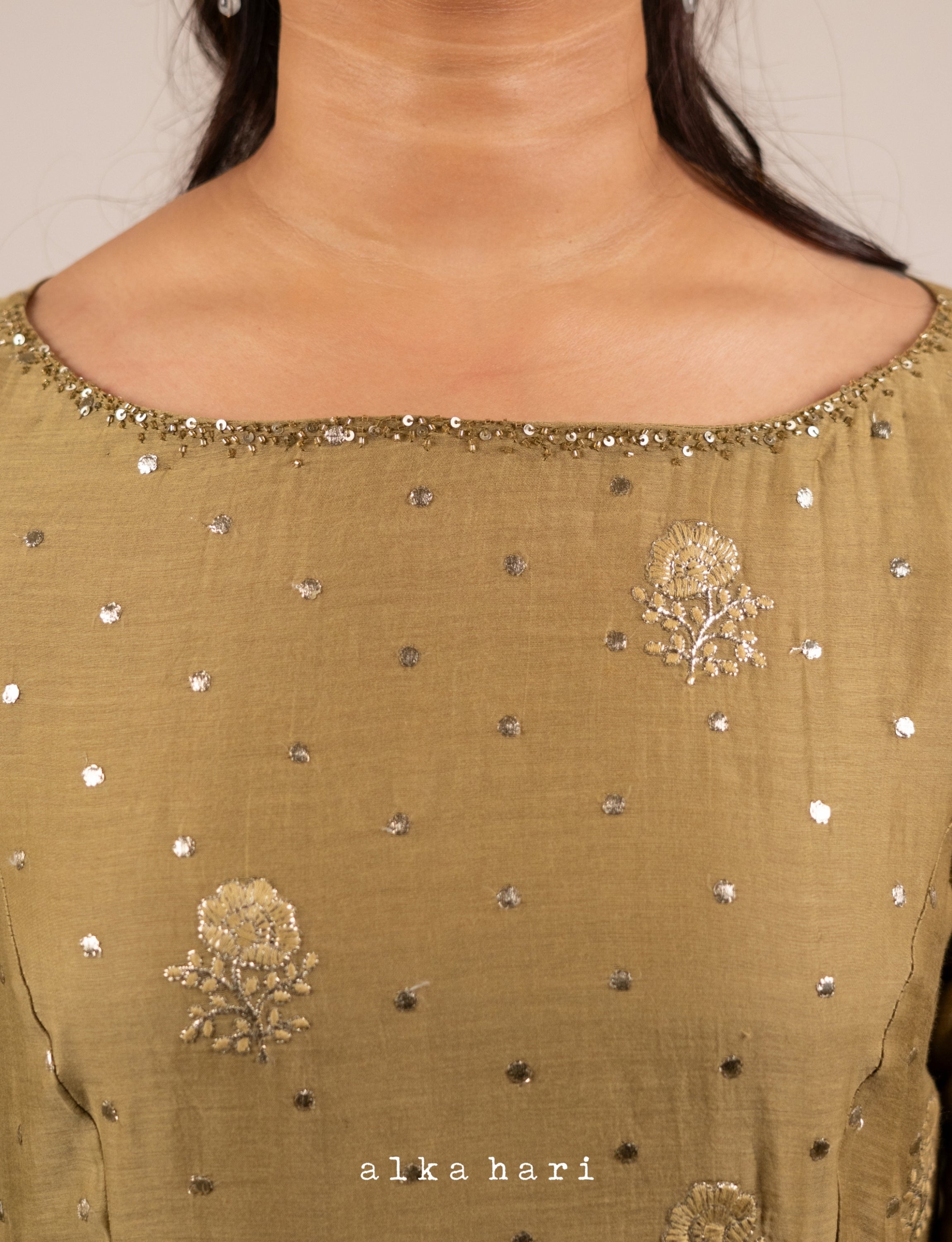 Olive Green Golden Embroidered Chanderi Kurta