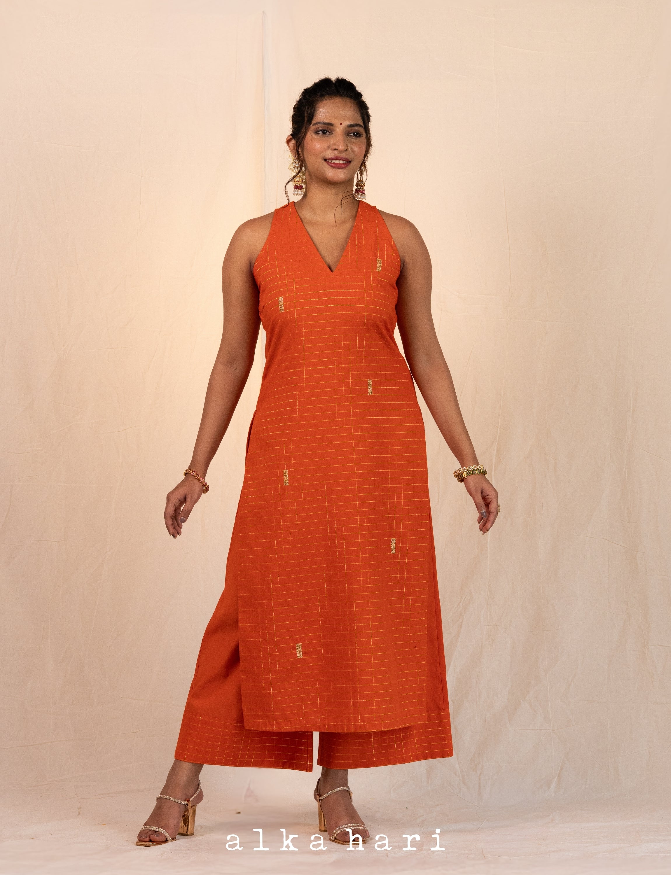 Orange Checks A-line Kurta