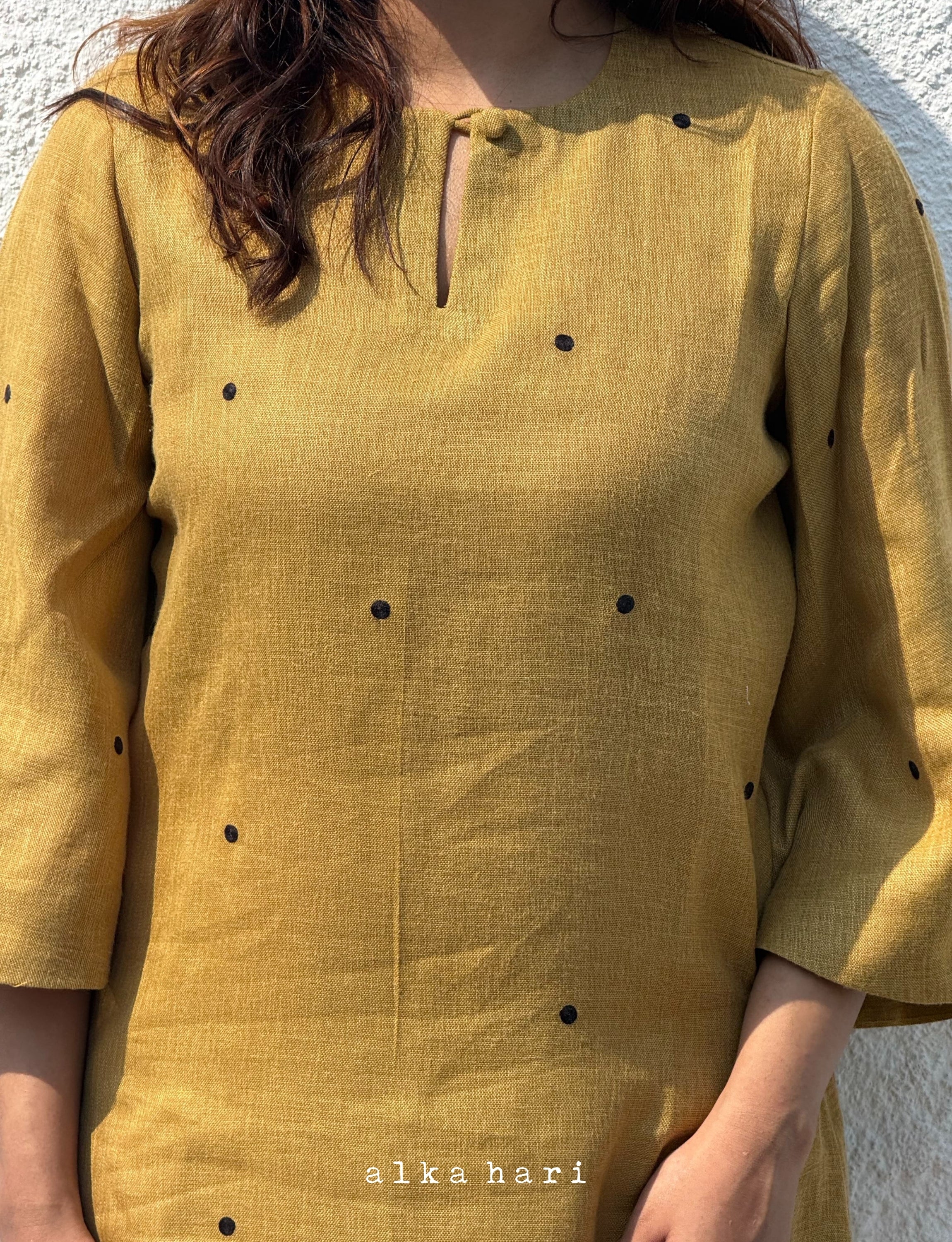 Mustard Yellow Polka Dot Linen Kurta