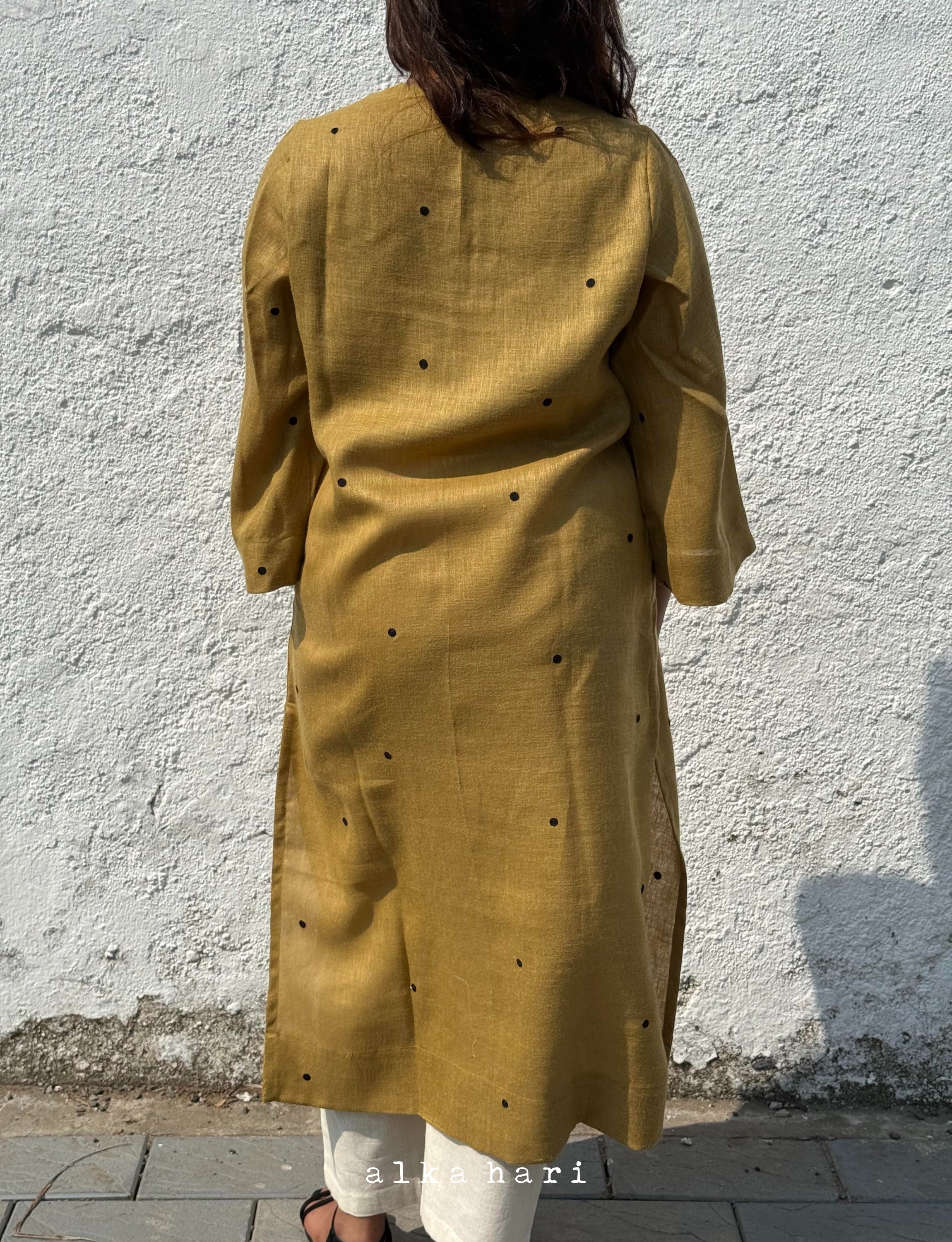Mustard Yellow Polka Dot Linen Kurta