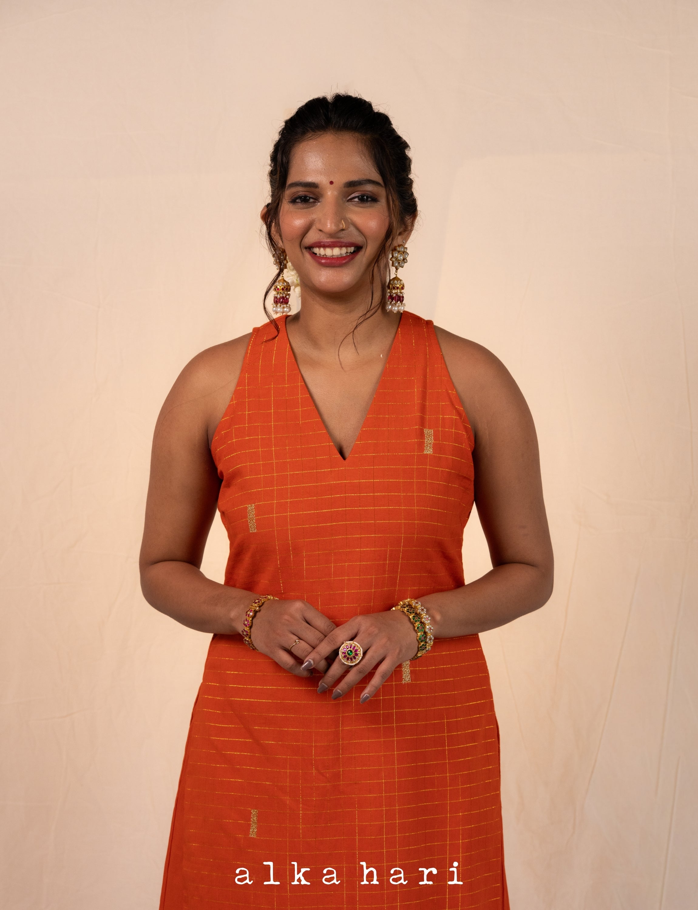 Orange Checks A-line Kurta