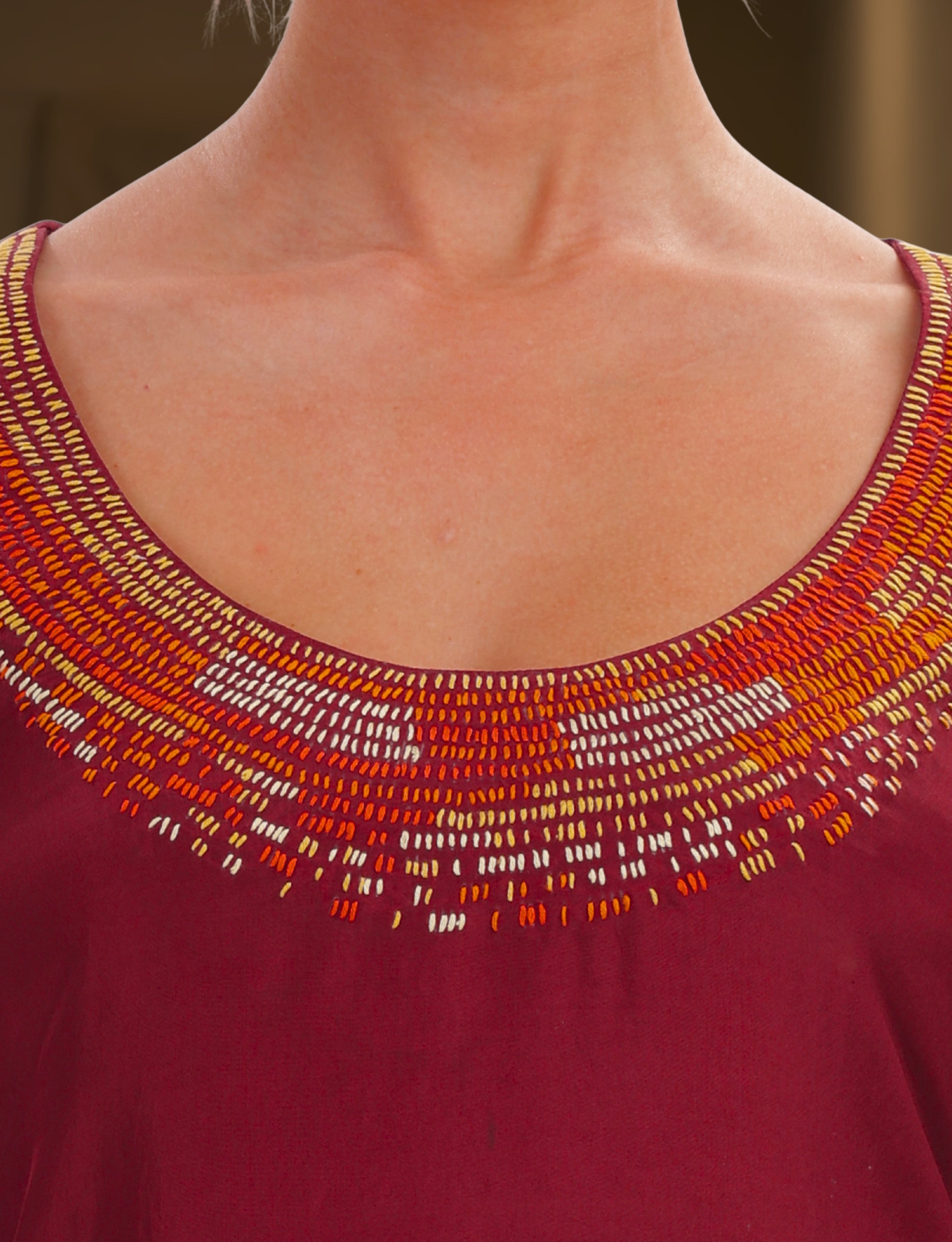 Red Silk Embroidered Short Kurta