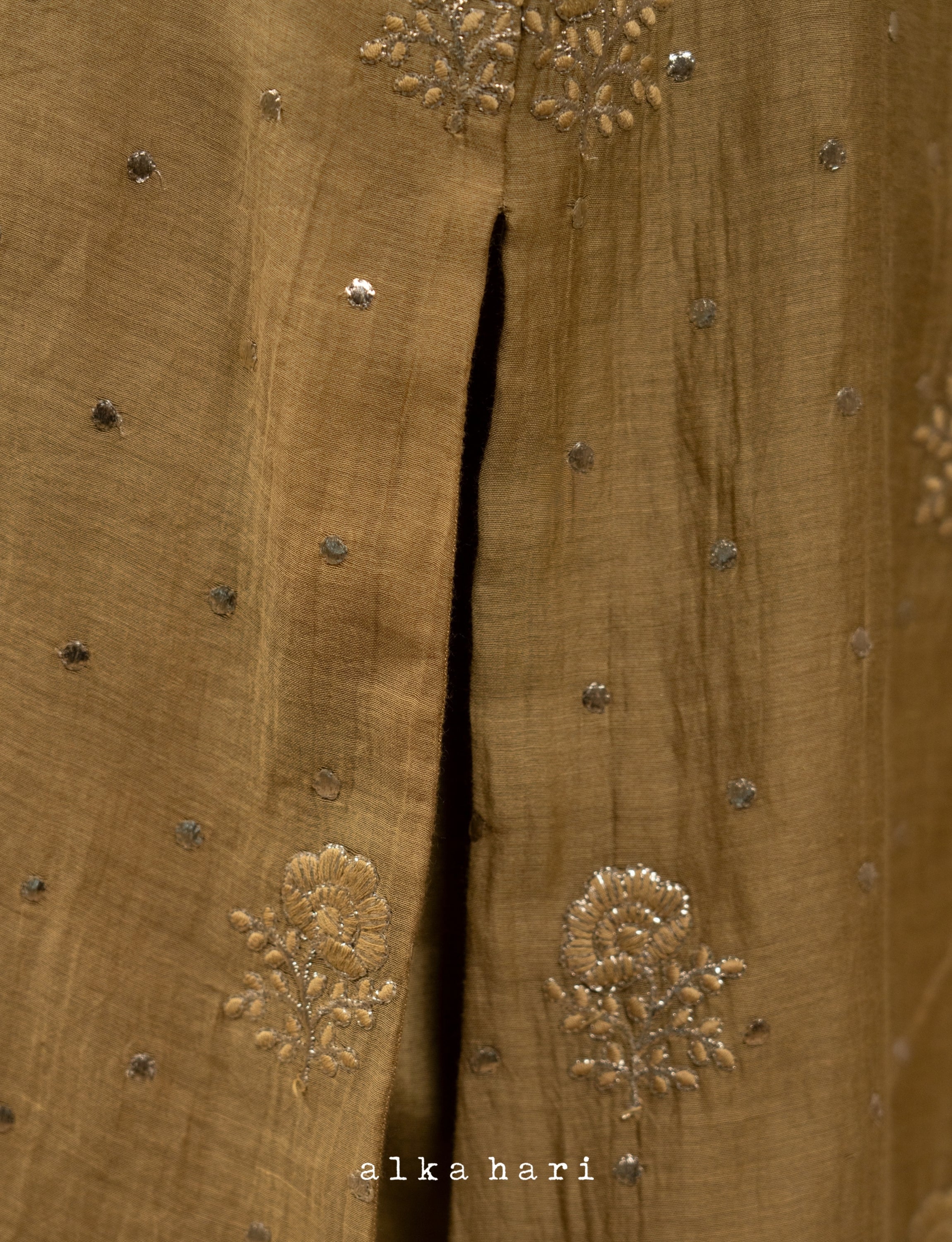 Olive Green Golden Embroidered Chanderi Kurta