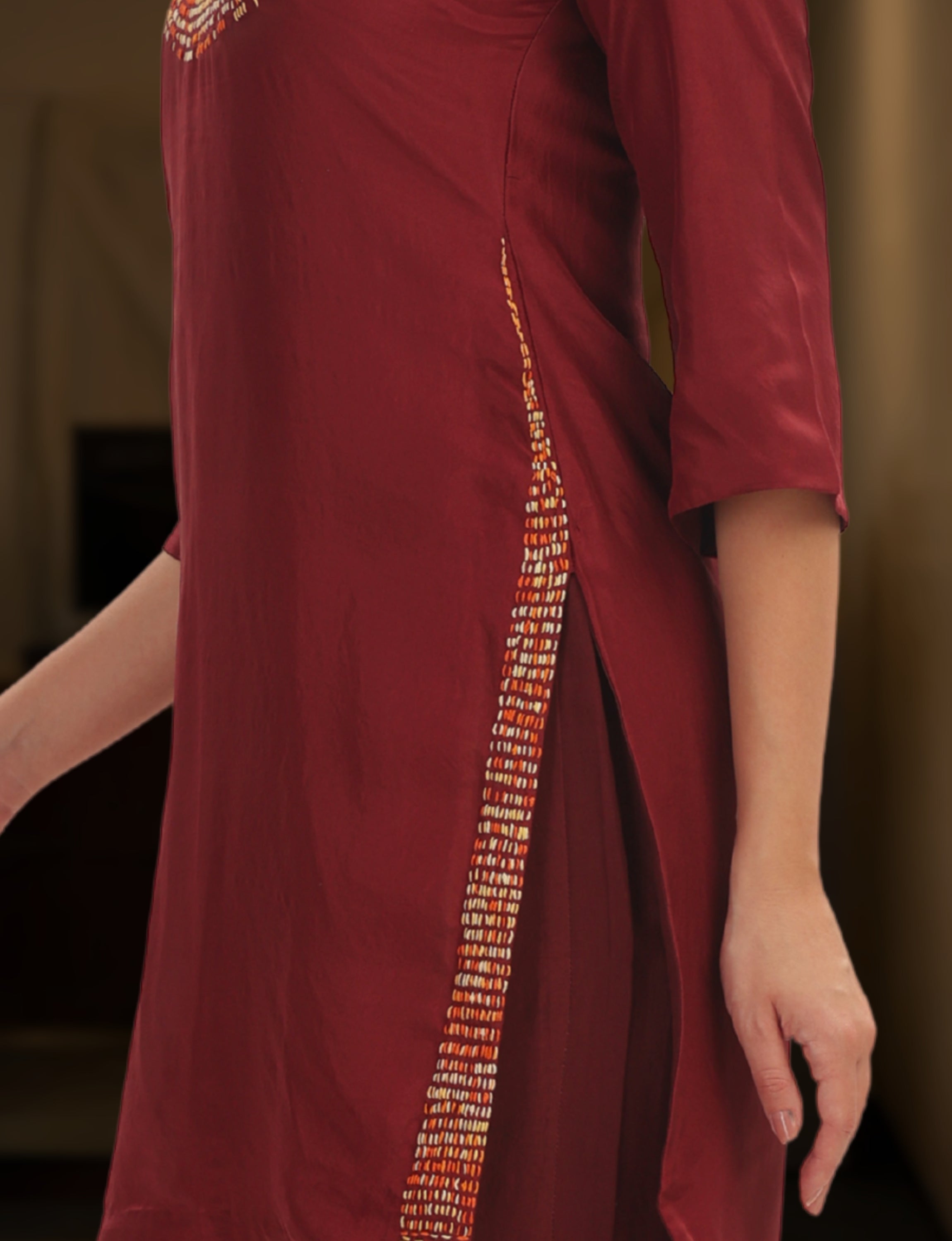 Red Silk Embroidered Short Kurta