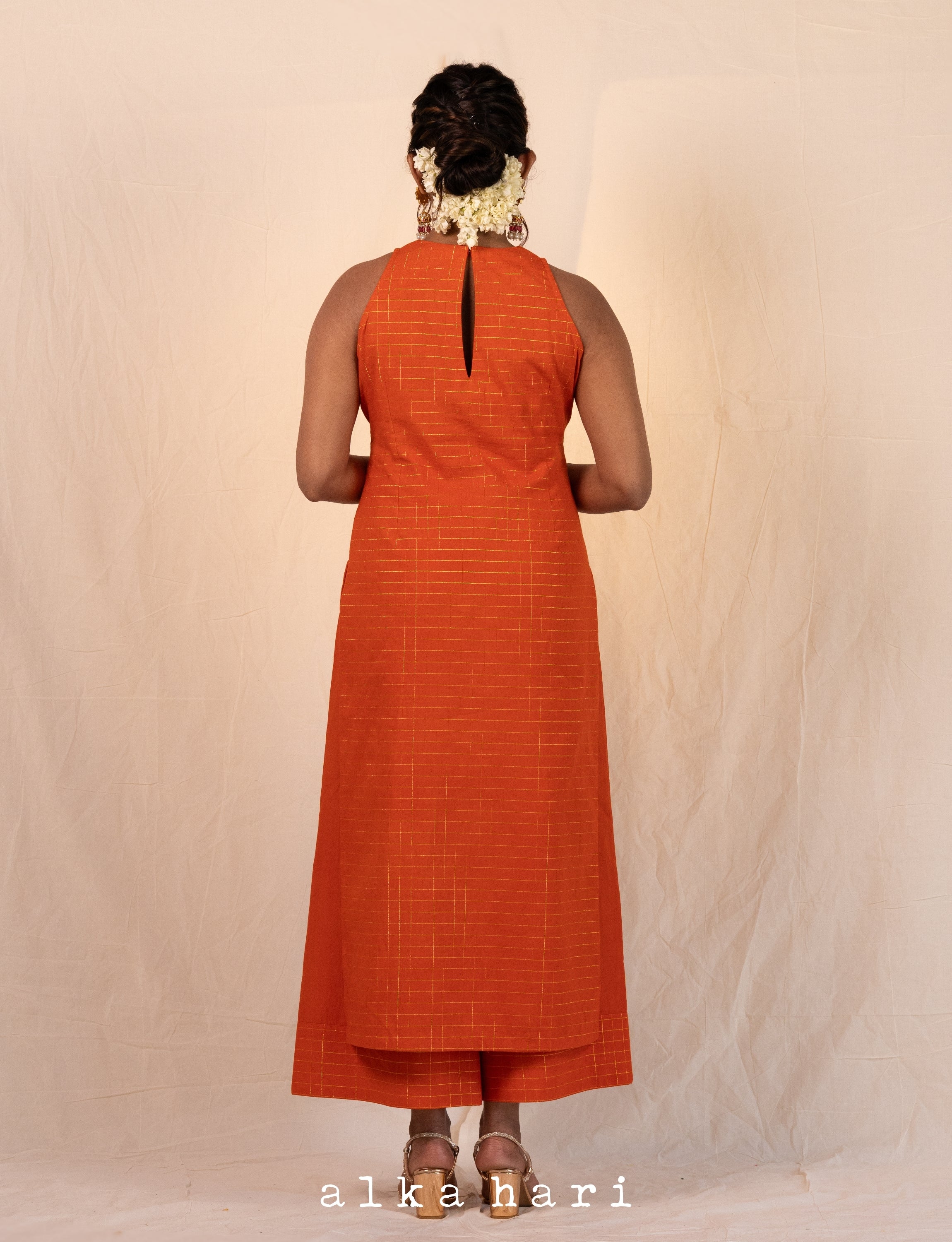 Orange Checks A-line Kurta