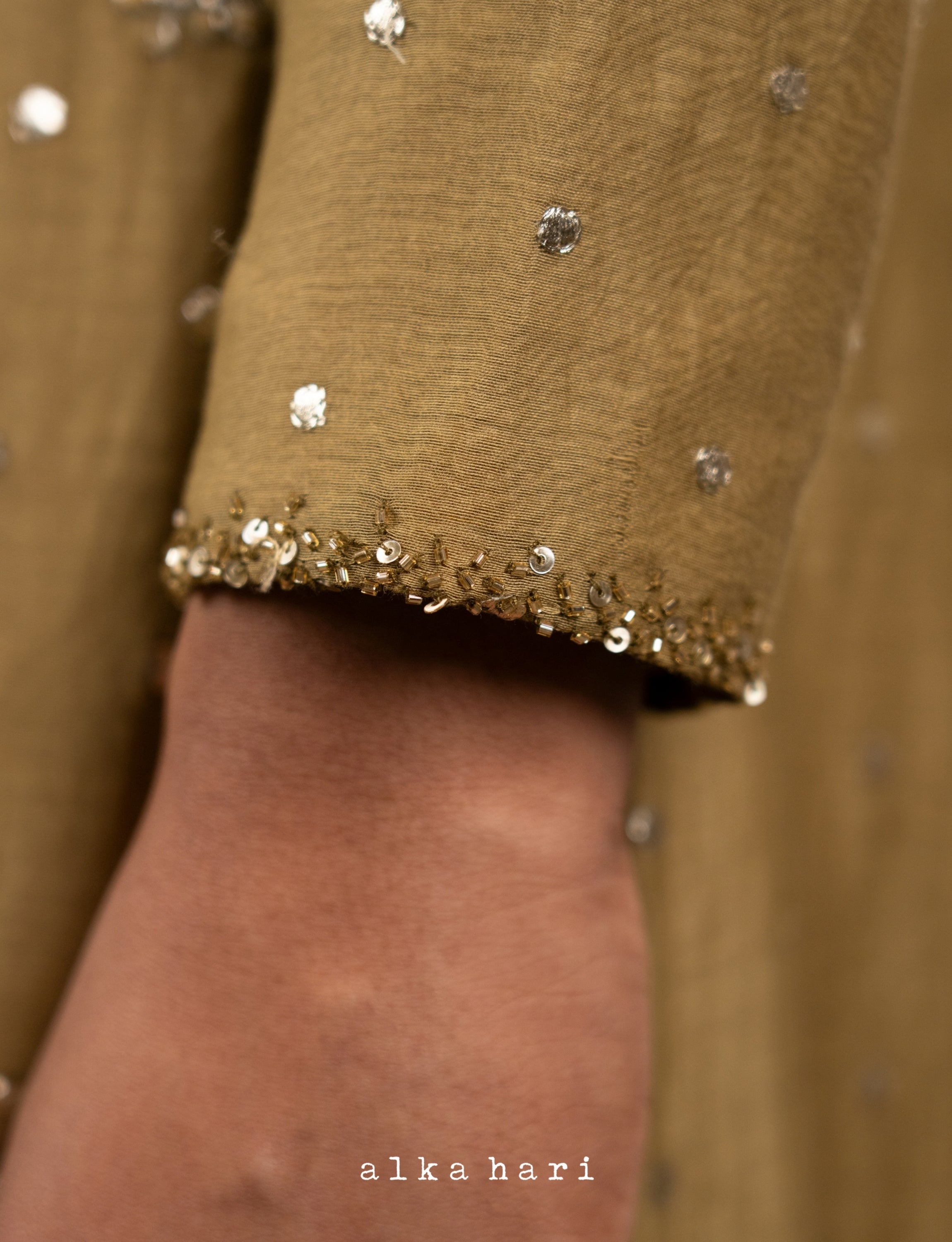 Olive Green Golden Embroidered Chanderi Kurta
