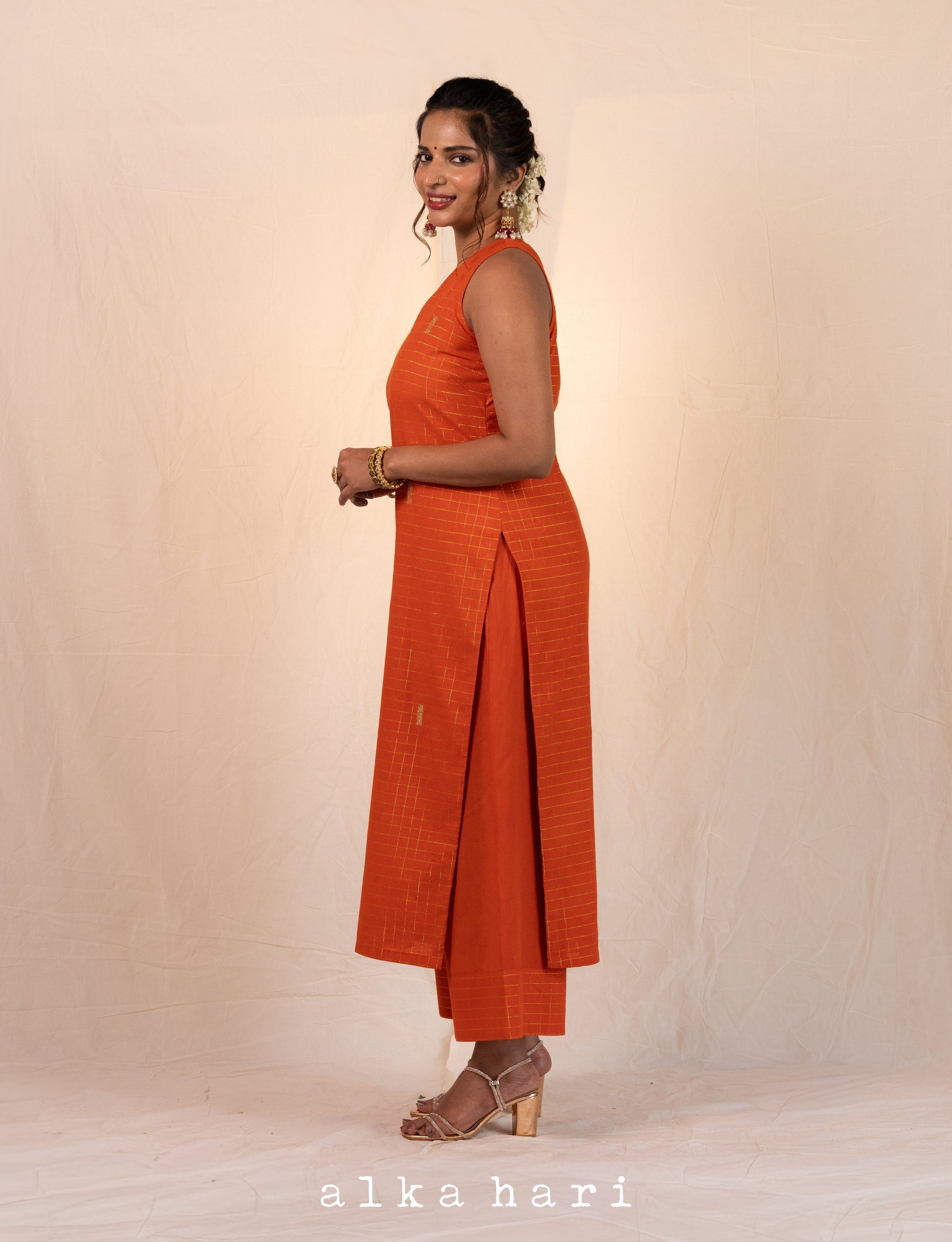 Orange Checks A-line Kurta