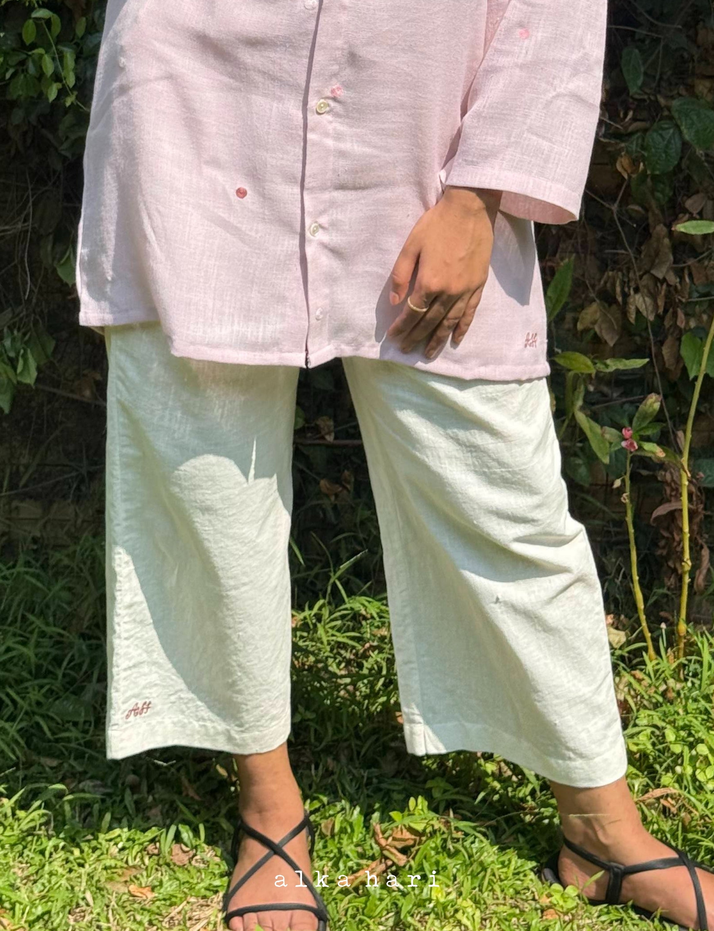 Off White Khadi Palazzo Pants with Lettermark