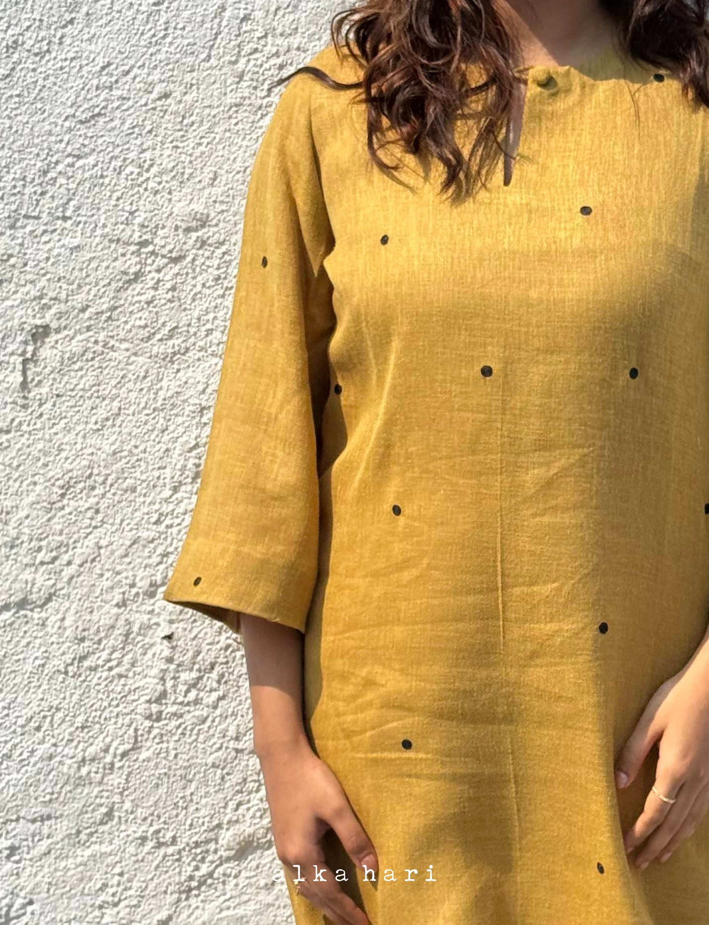 Mustard Yellow Polka Dot Linen Kurta