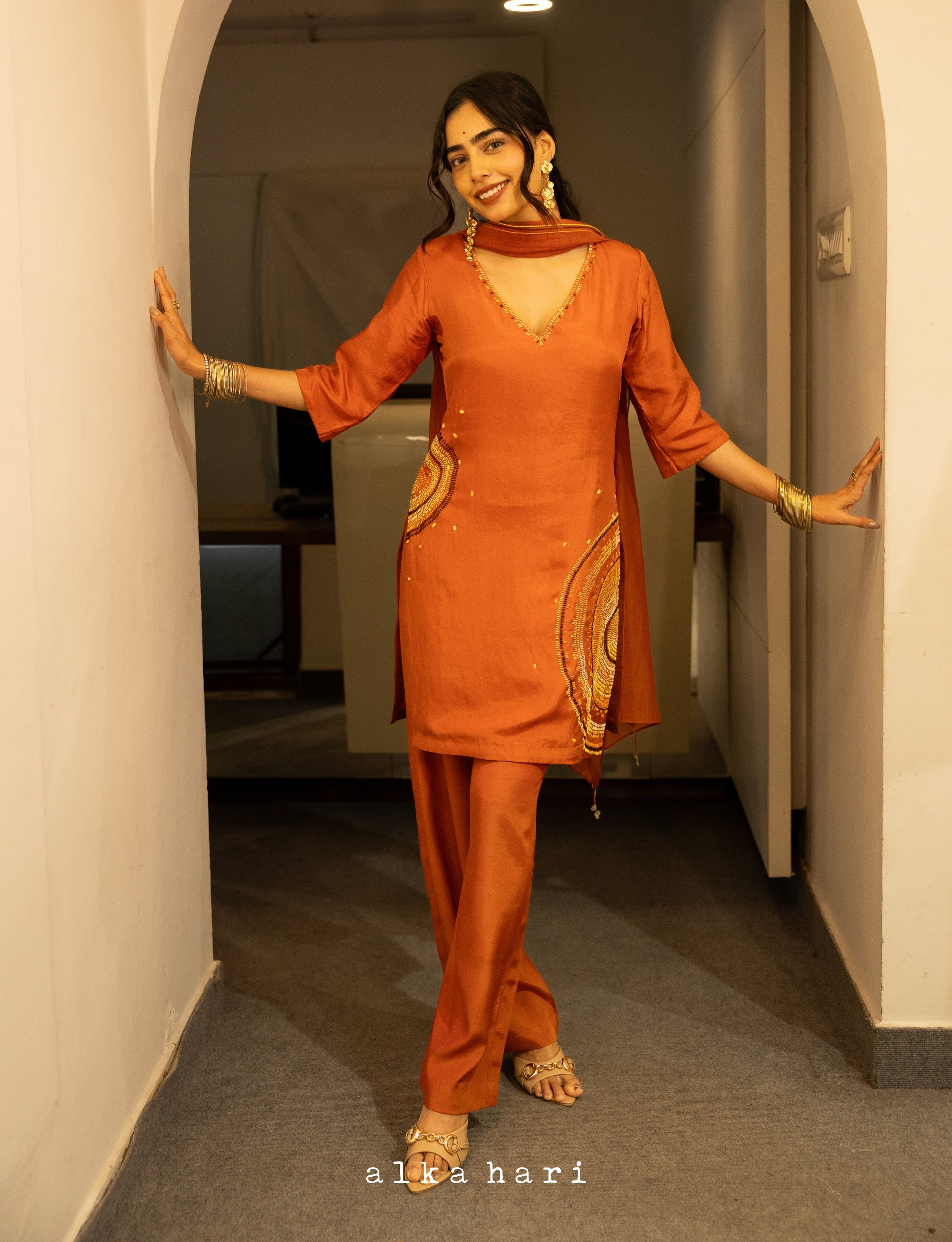 Orange Silk Embroidered Short Kurta