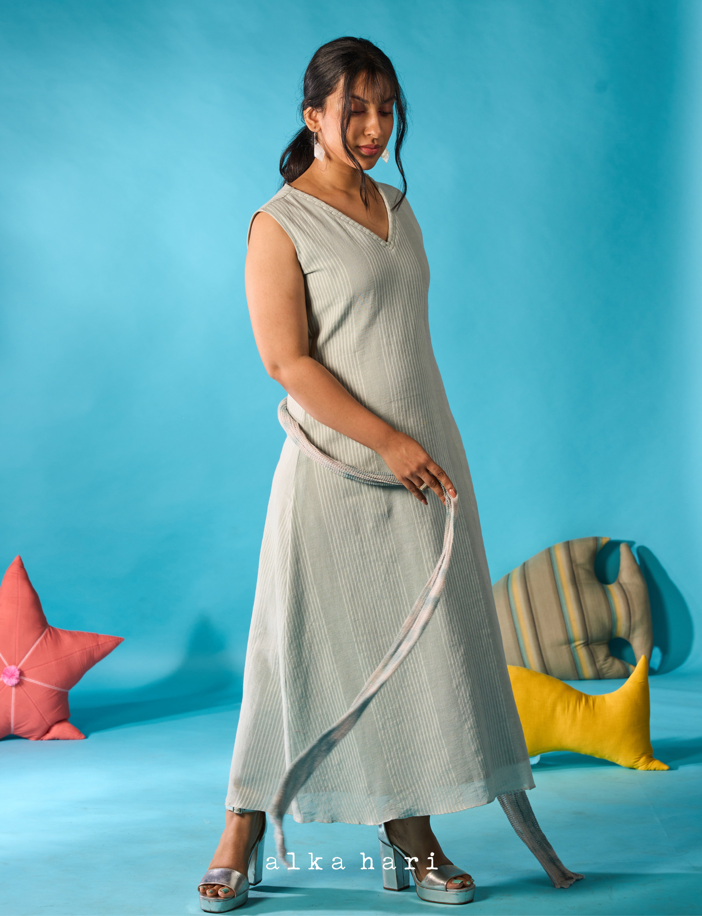 Blue Dress with Handweave Detail