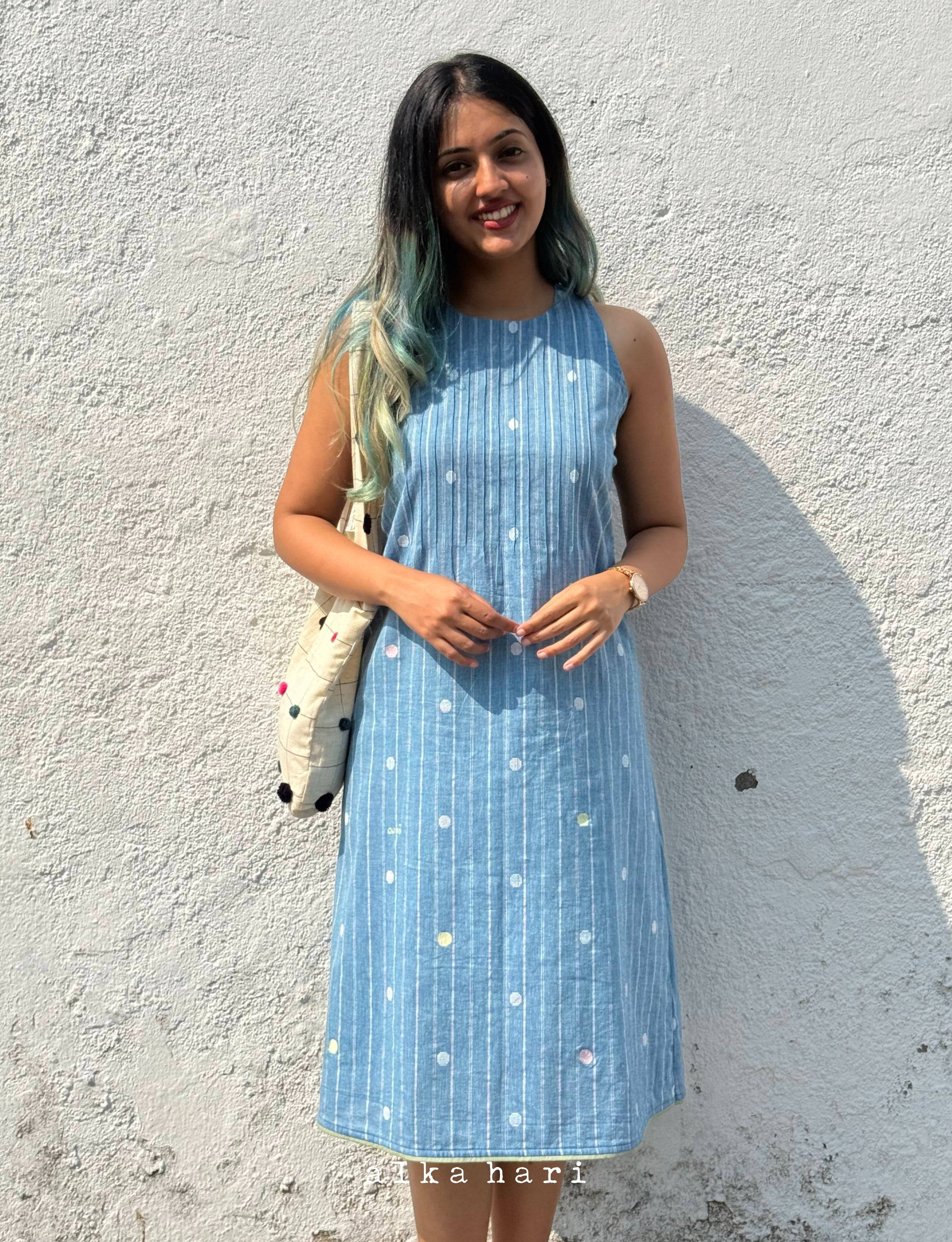 Blue Embroidered Dress with Tucks