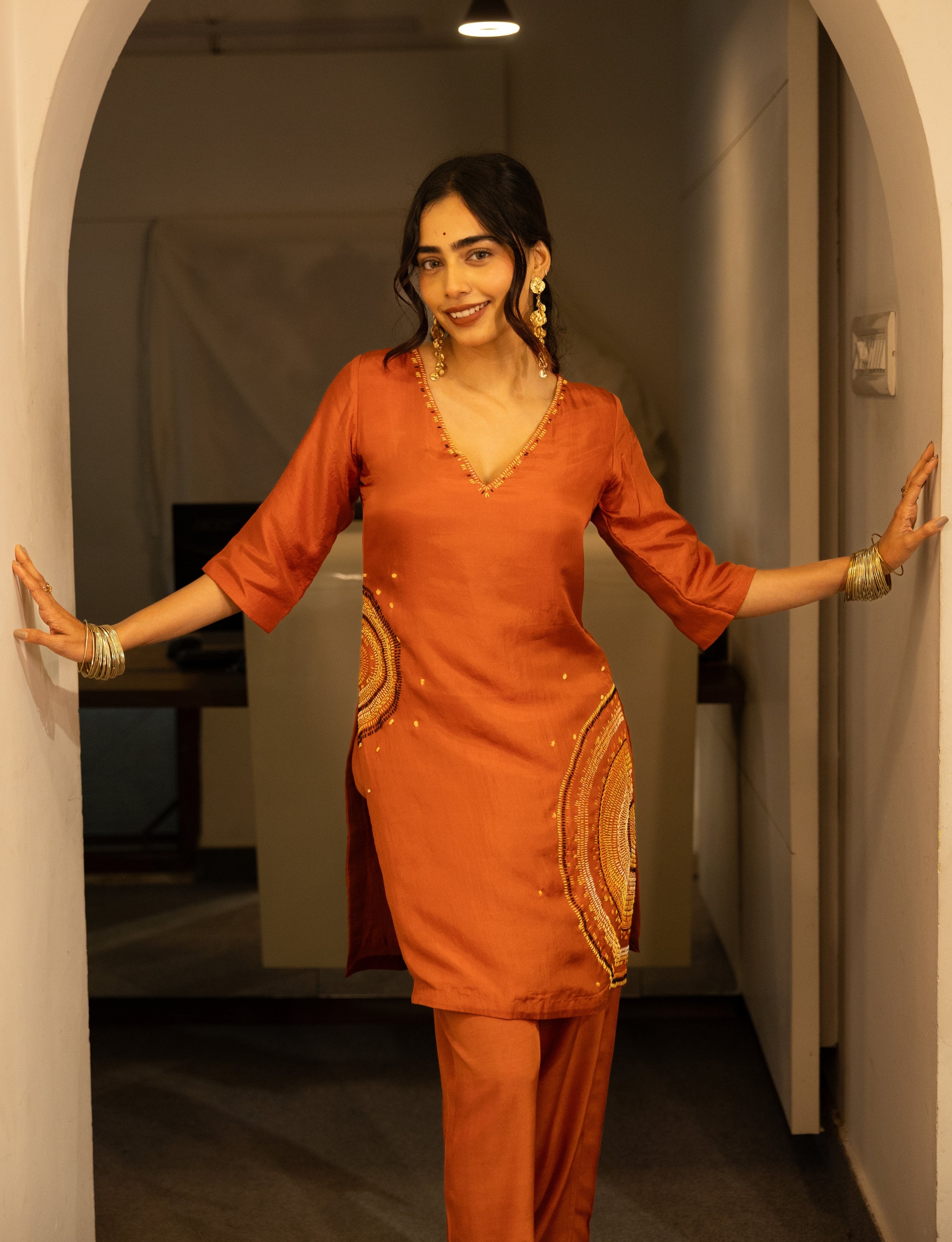 Orange Silk Embroidered Short Kurta