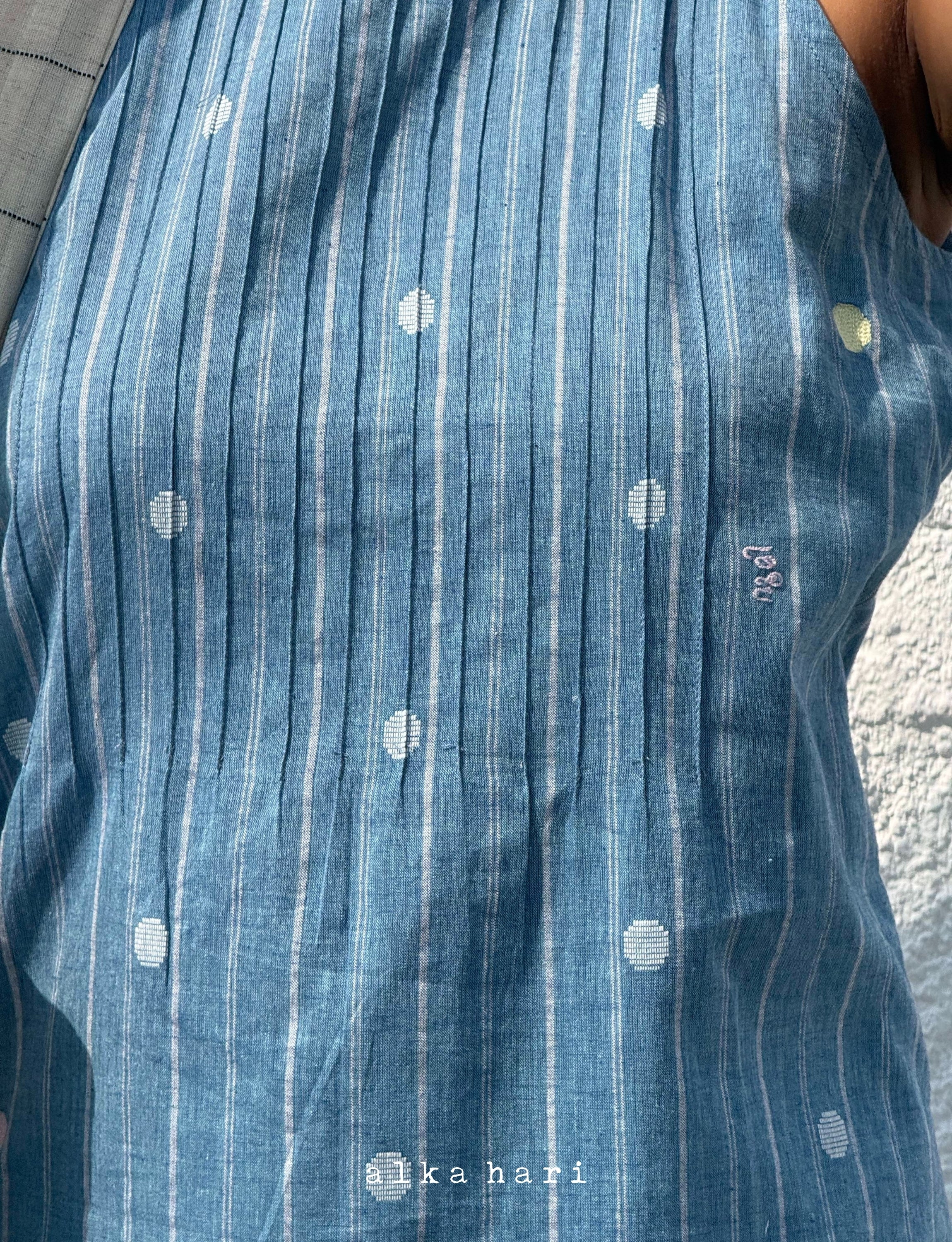 Blue Embroidered Dress with Tucks