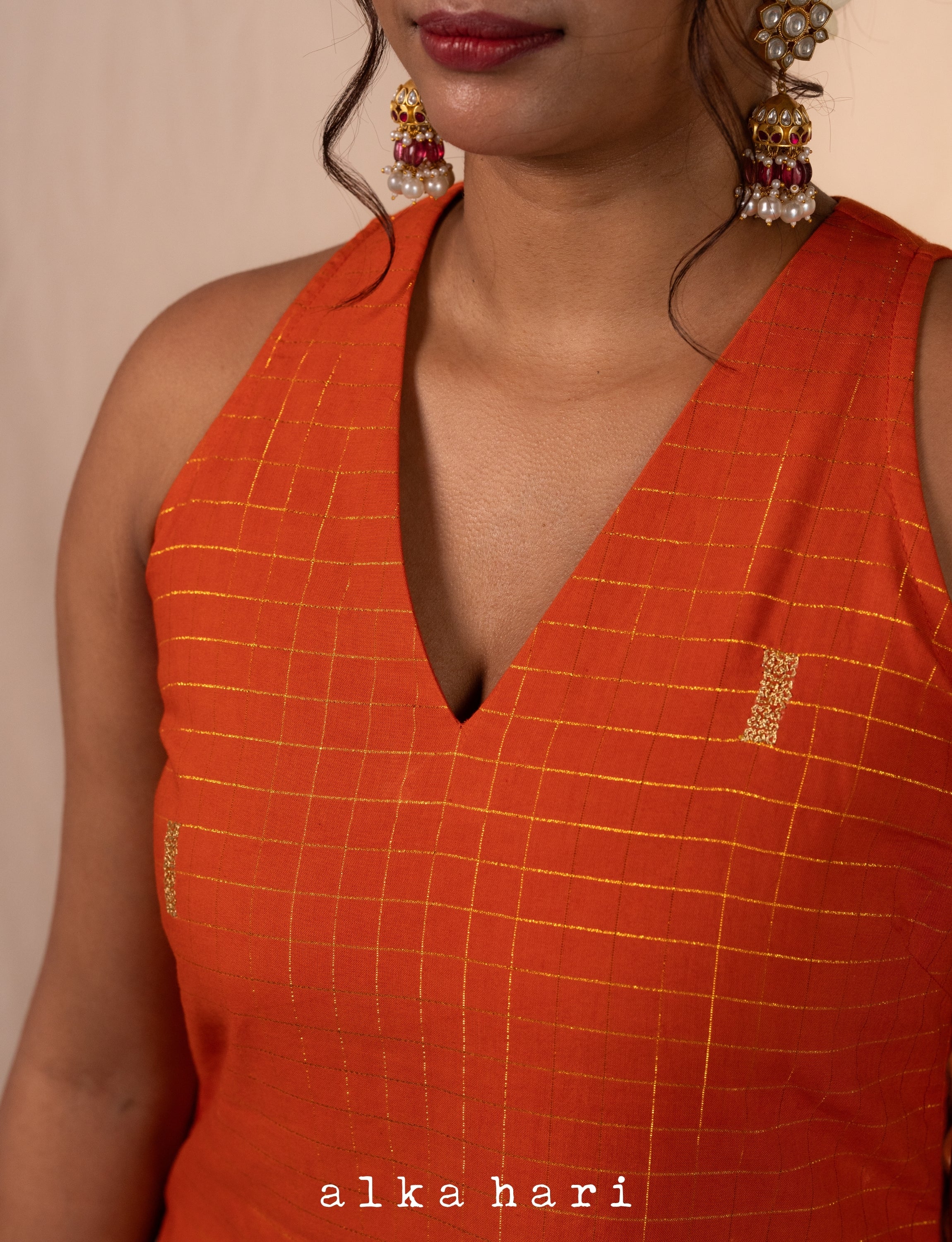 Orange Checks A-line Kurta