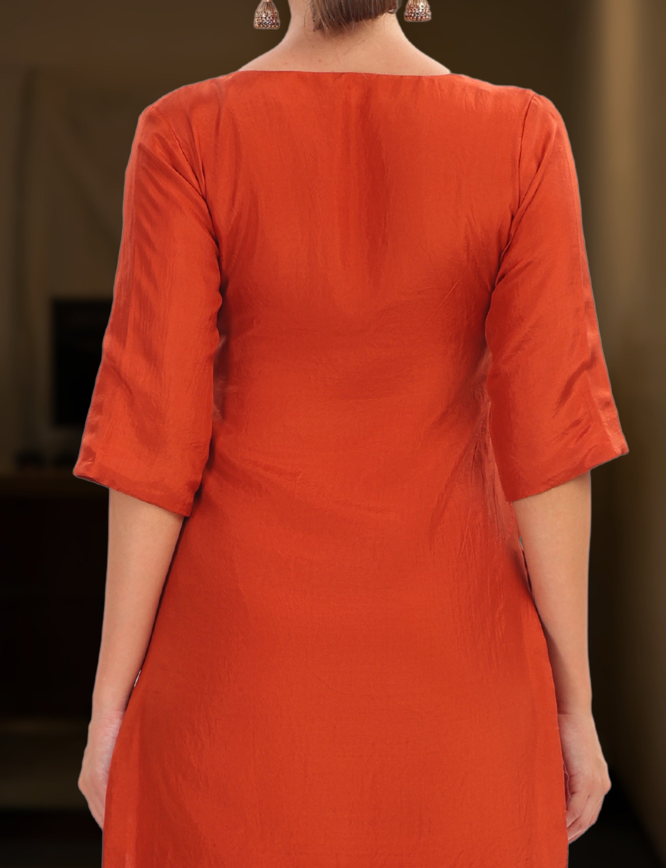 Orange Silk Embroidered Short Kurta