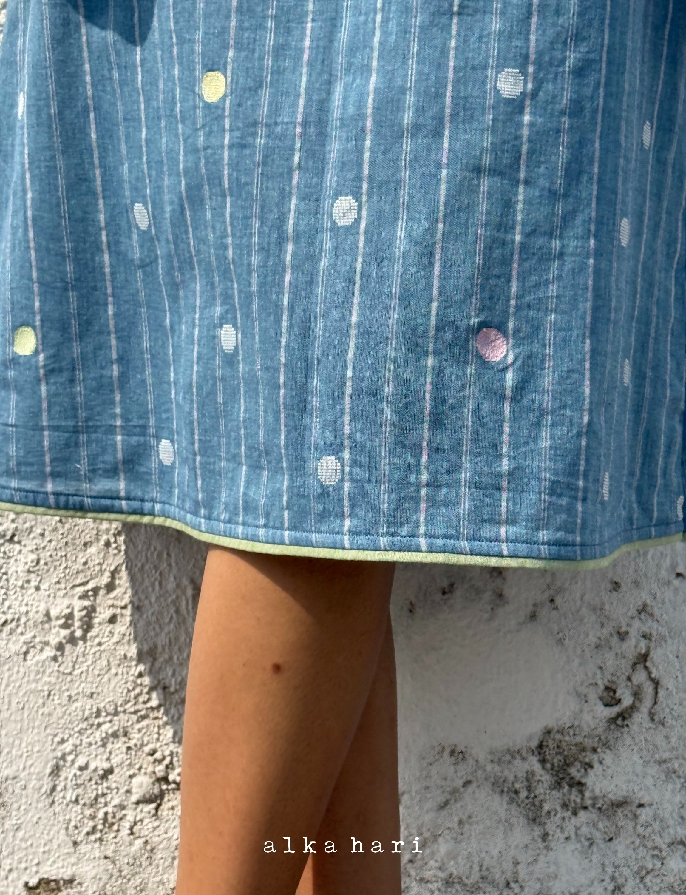 Blue Embroidered Dress with Tucks