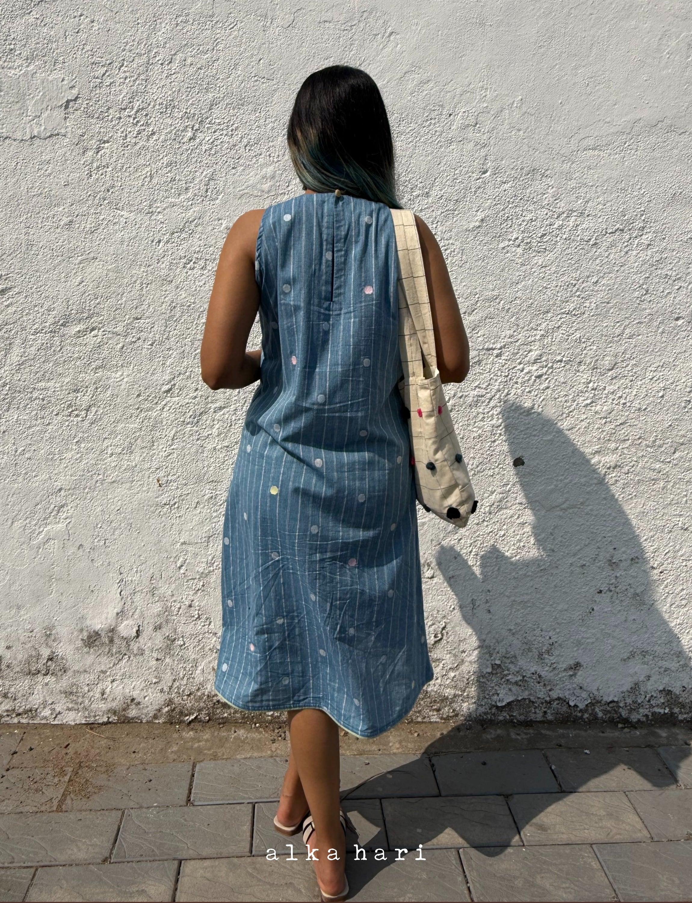 Blue Embroidered Dress with Tucks