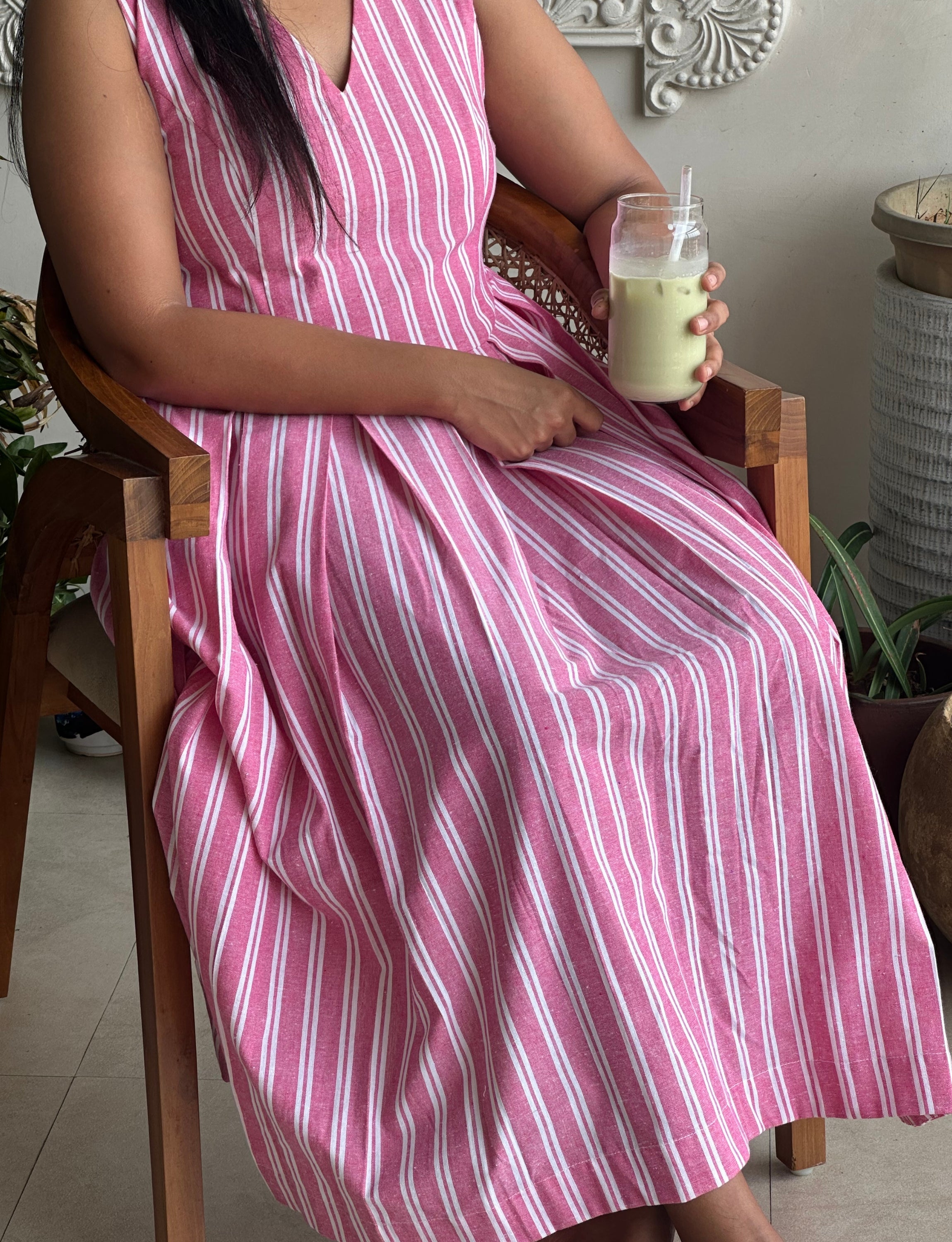 Pink and White Stripped Dress with Pockets