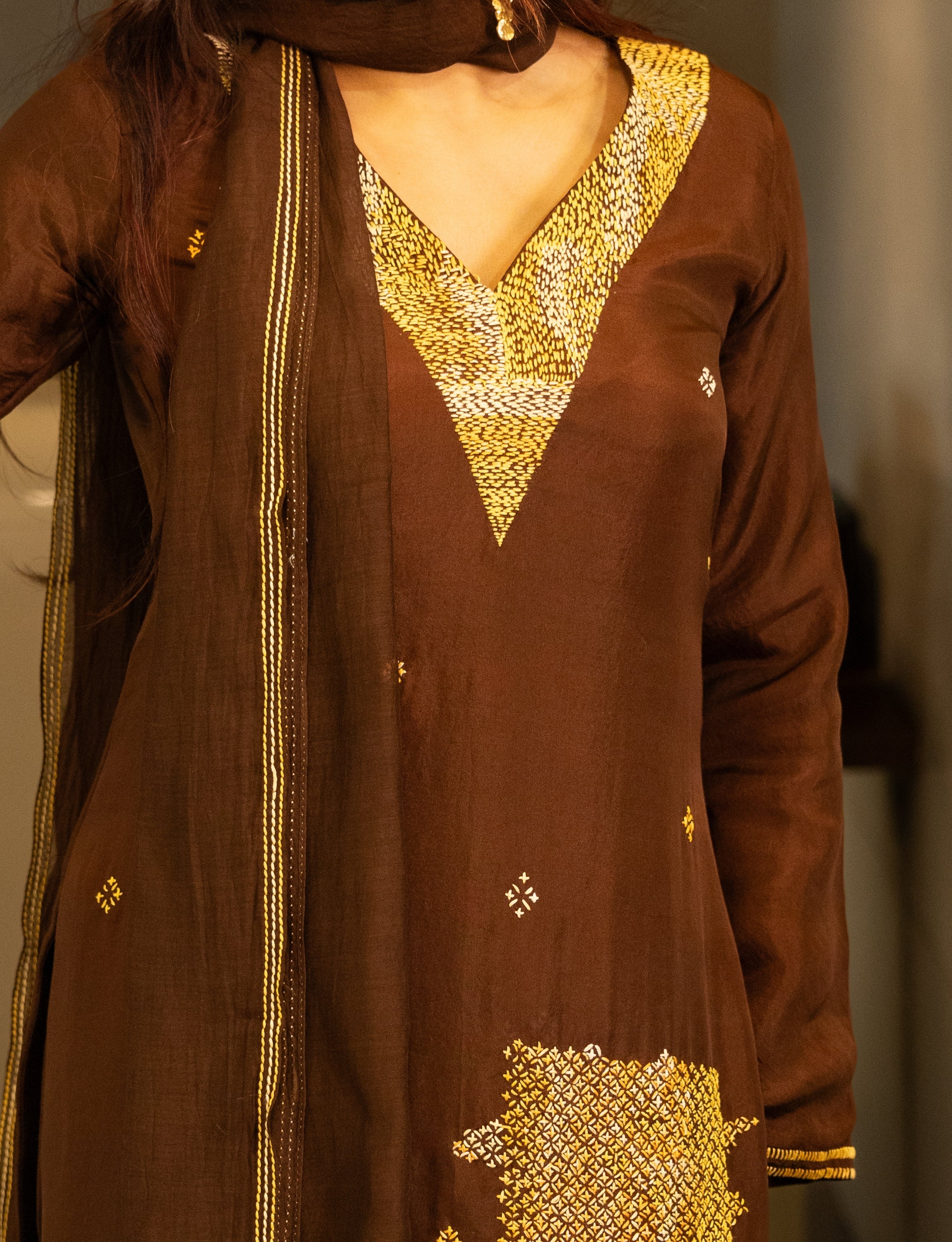 Brown Silk Embroidered Short Kurta