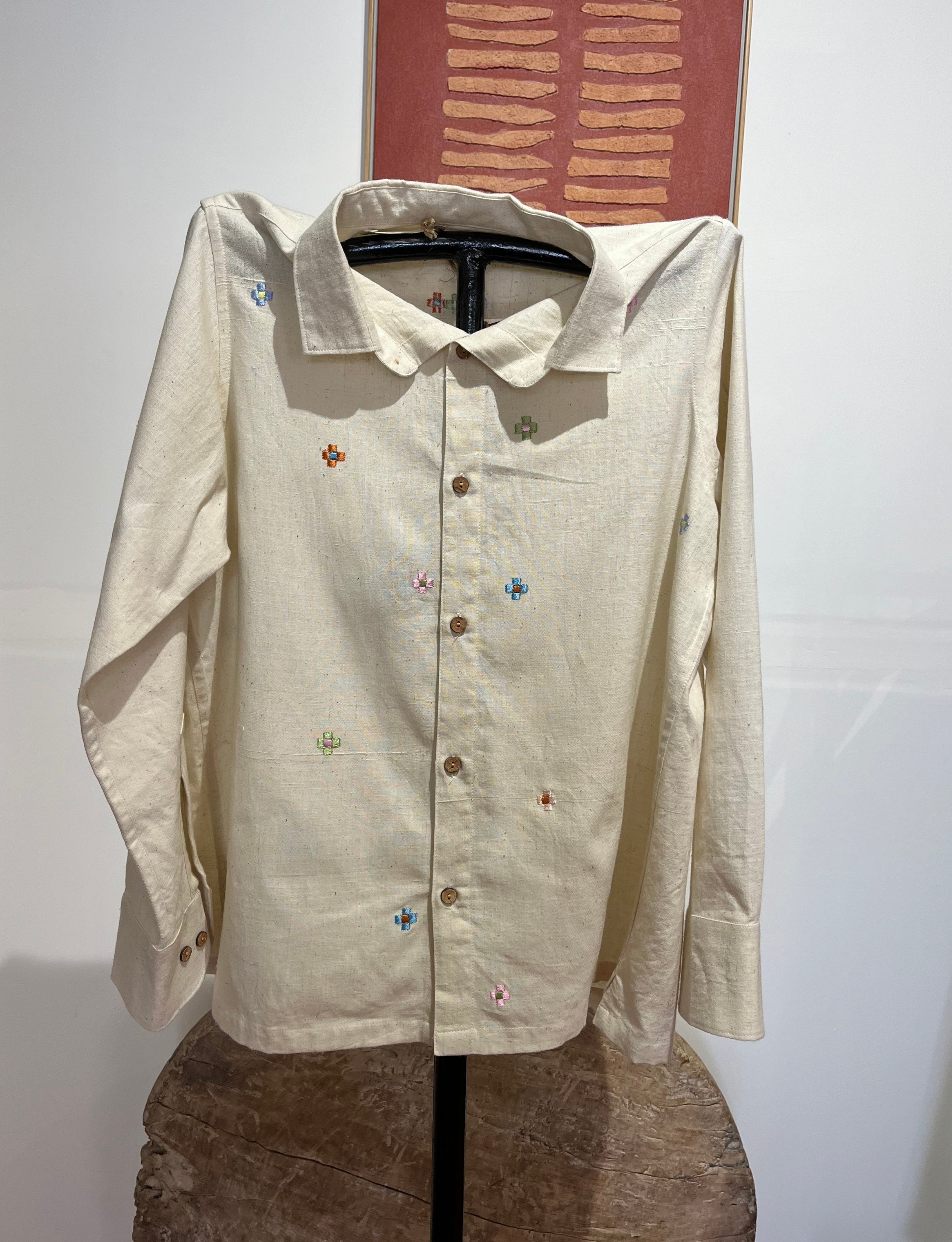 Cream Shirt with Floral Embroidery