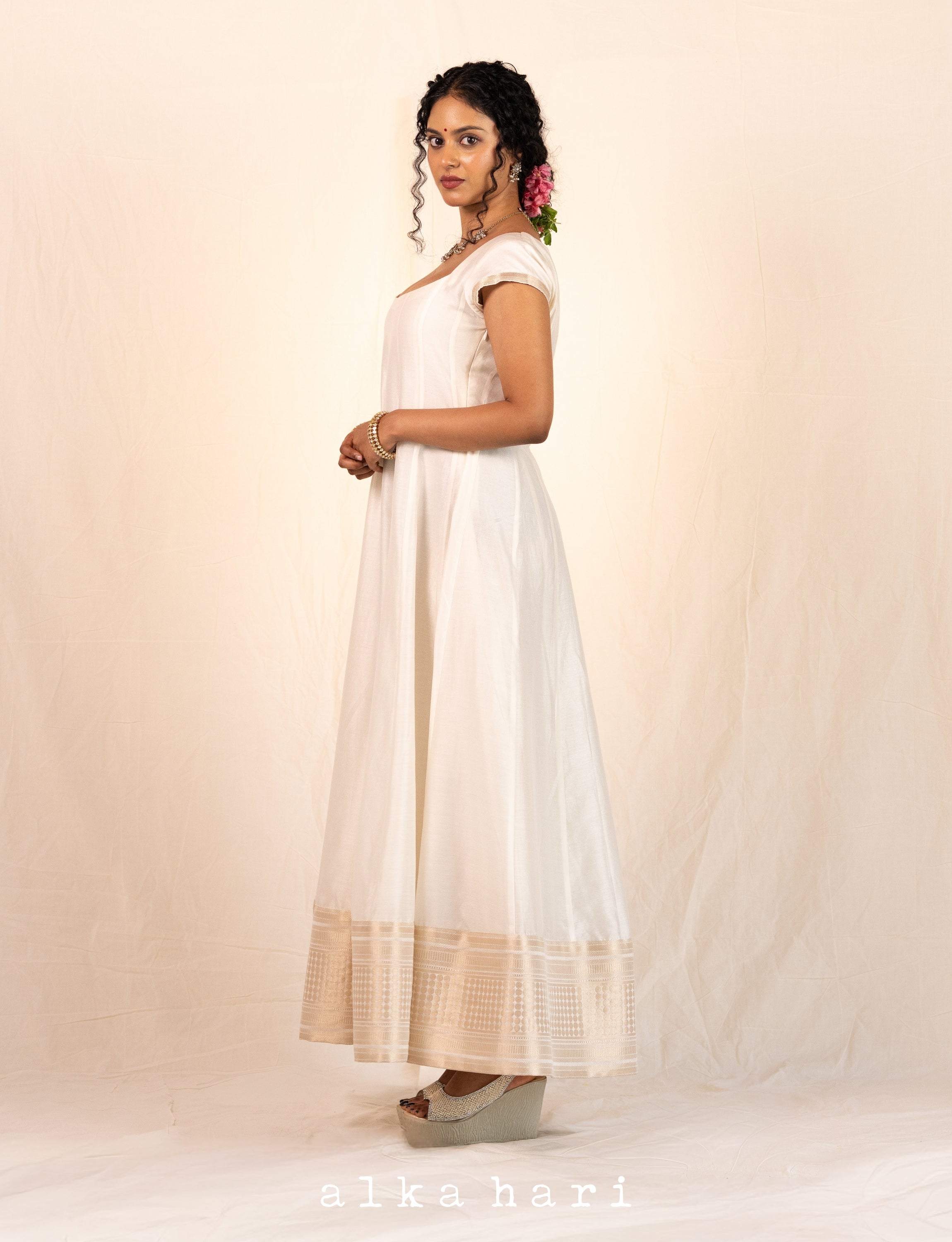Off White Chanderi Silk Dress with Intricate Border