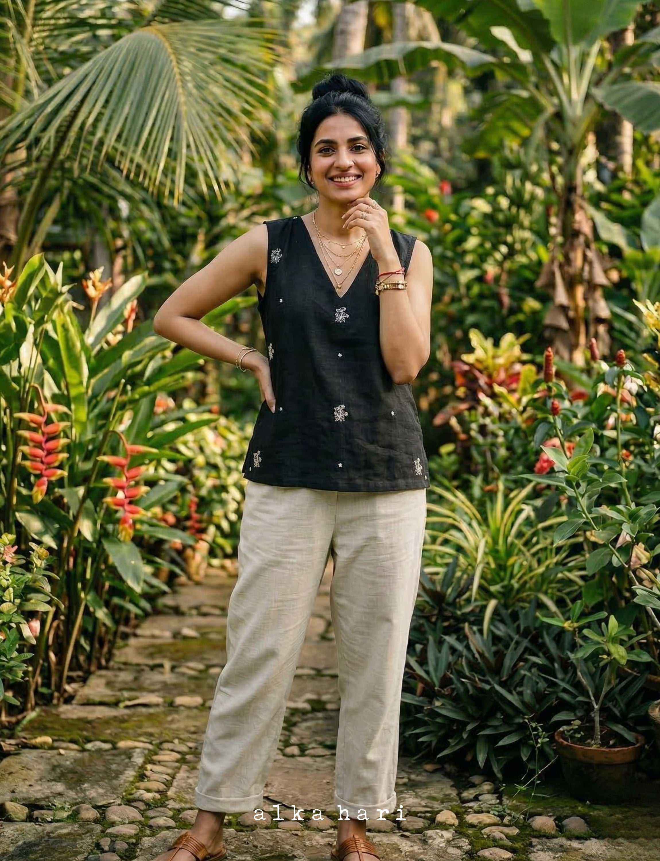 Black Linen Floral Top