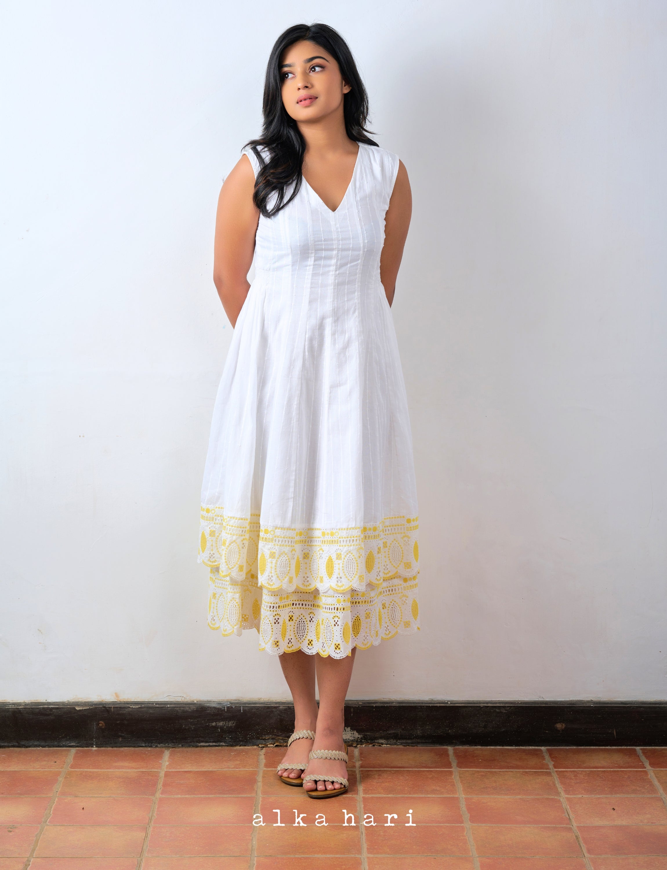 White and Yellow Cutwork Dress