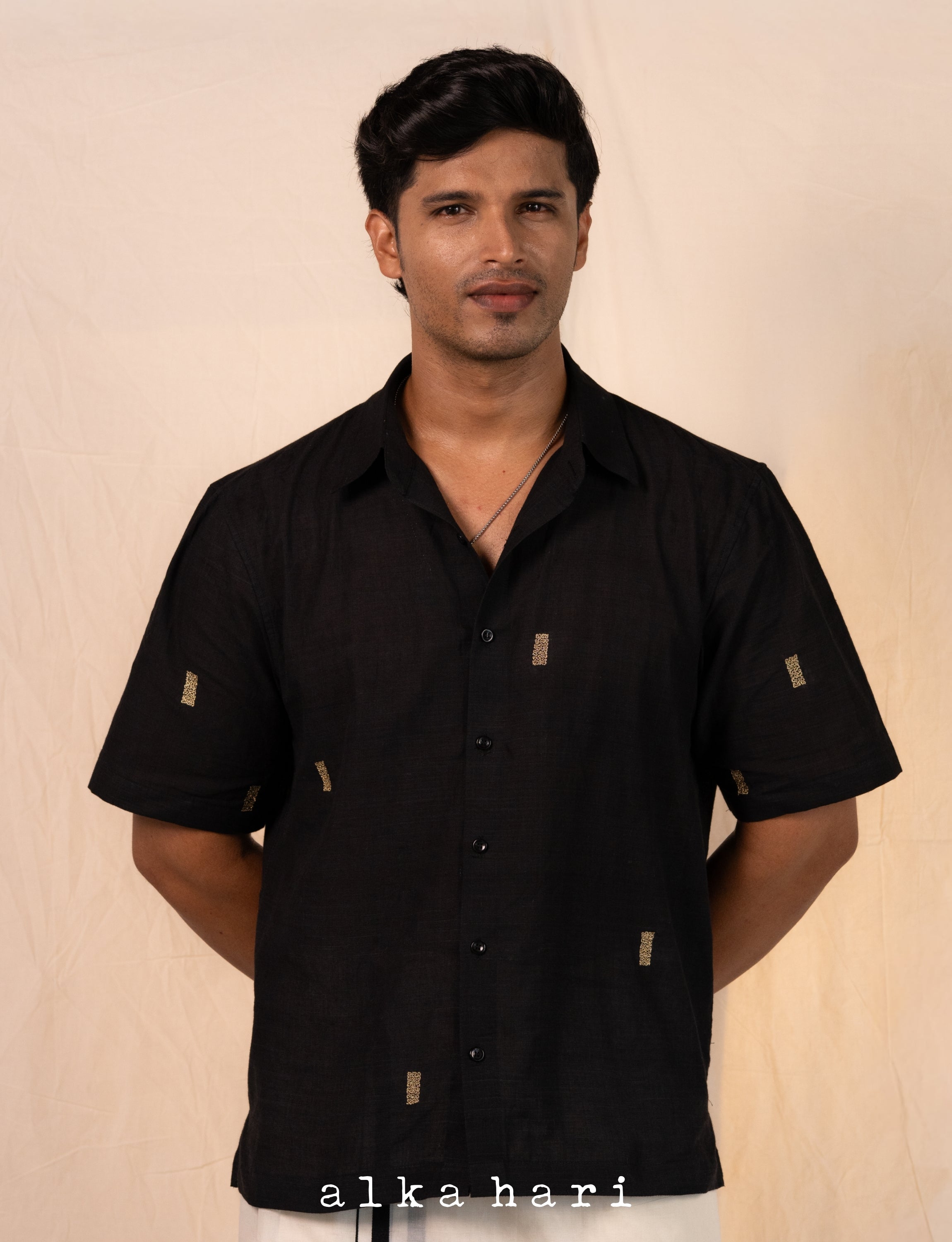 Black Cotton Embroidered Shirt