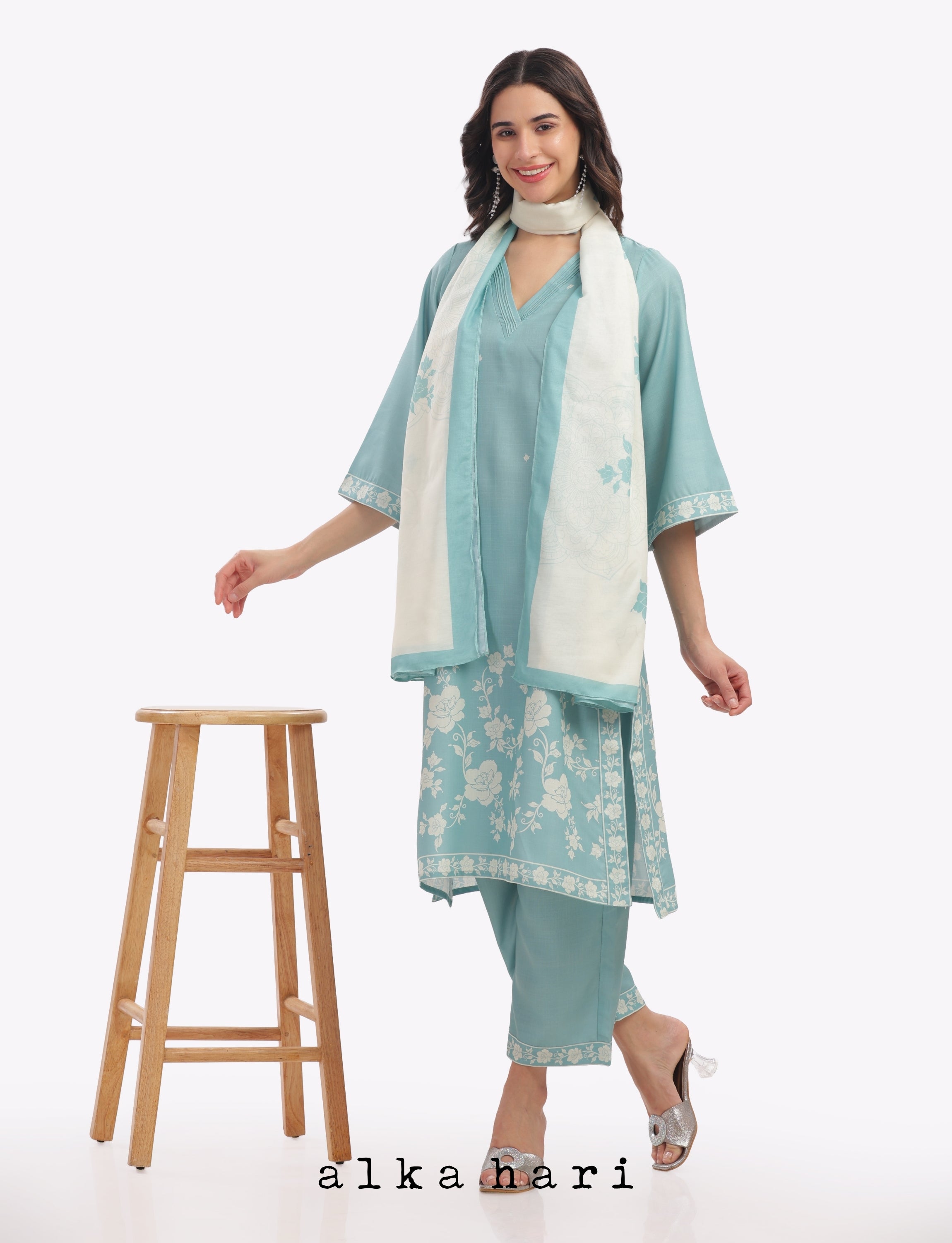 Light Teal Floral Printed Kurta