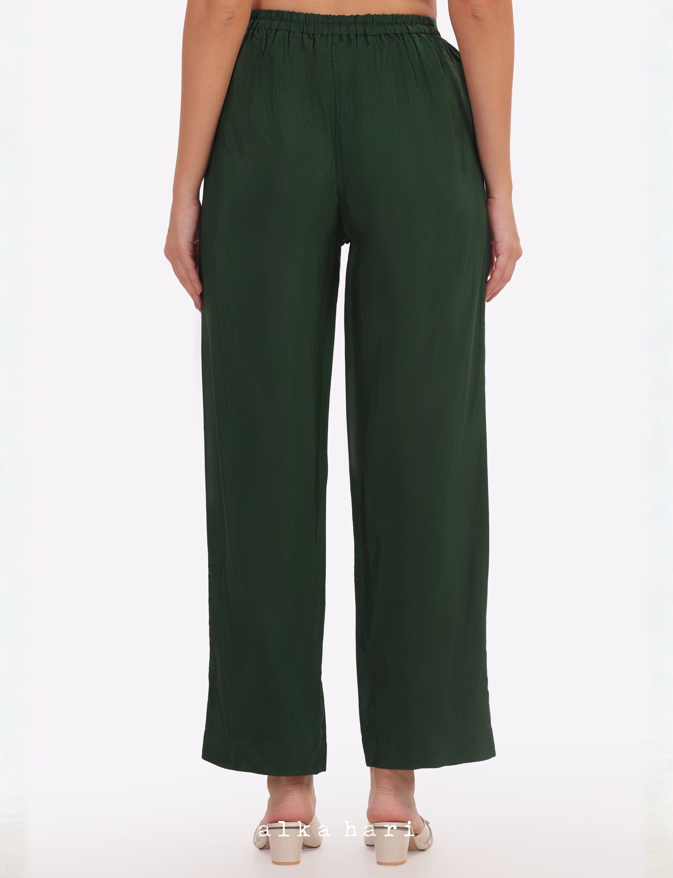 Dark Green Silk Palazzo Pants