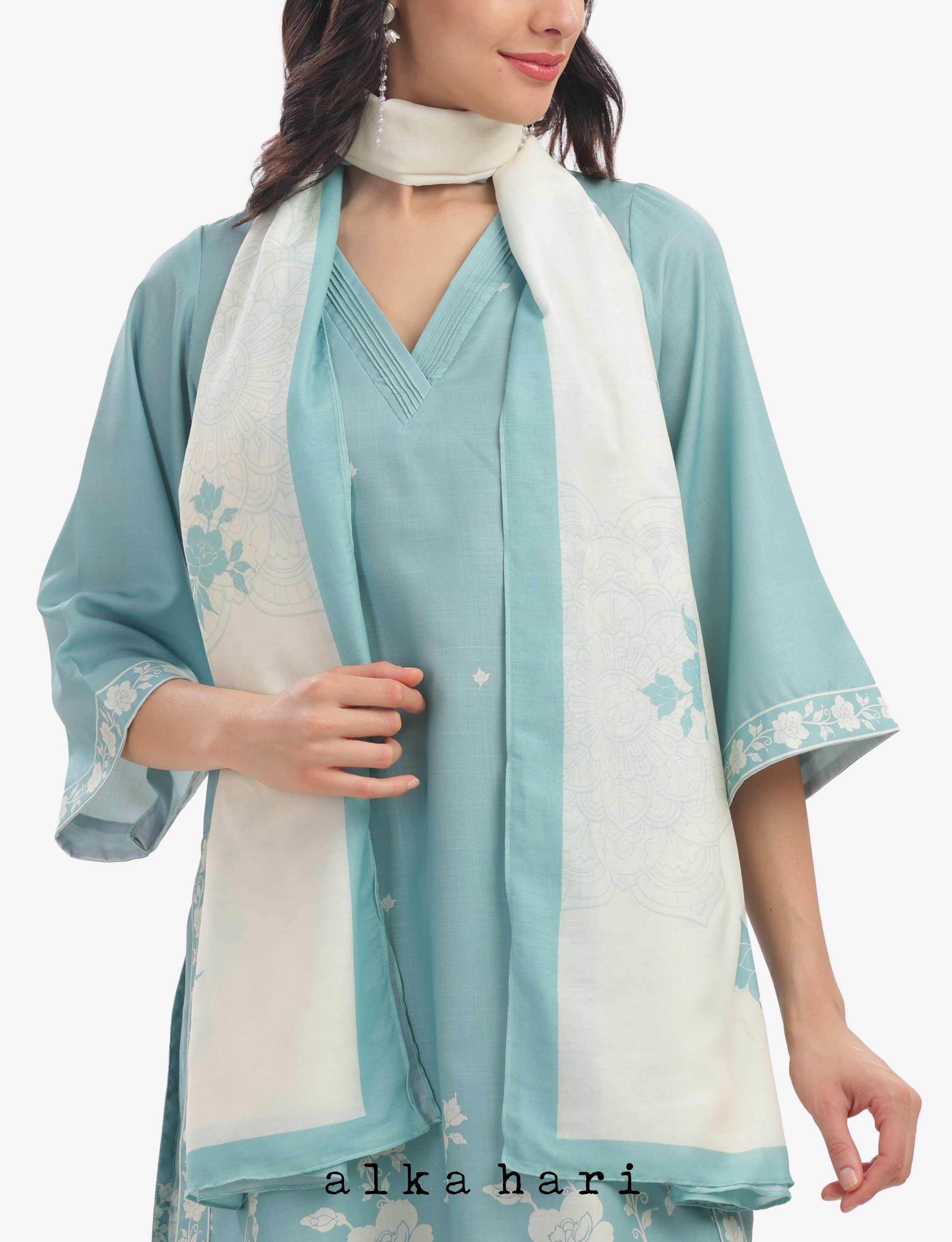 Light Teal Floral Printed Dupatta