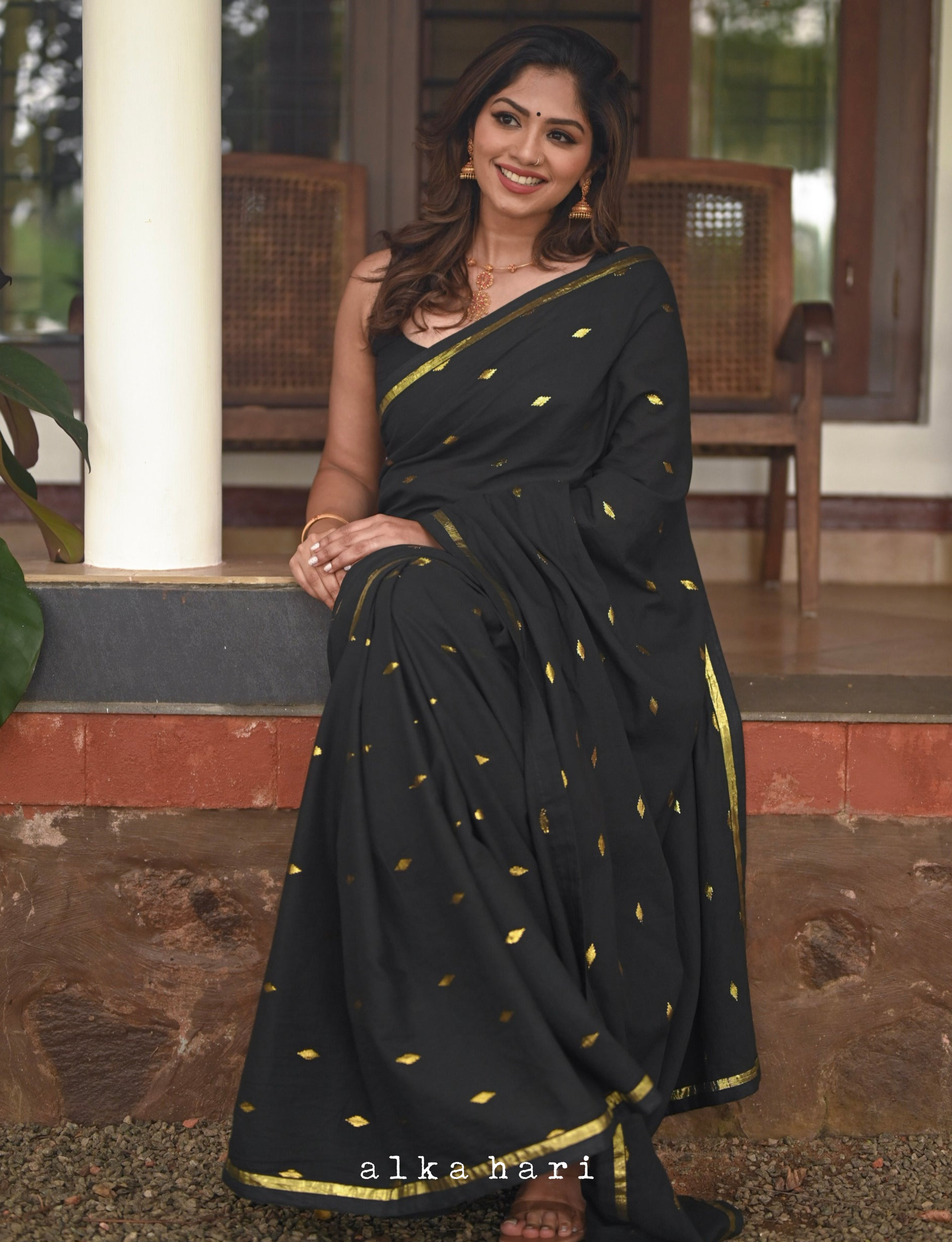Black Butta Handloom Cotton Saree