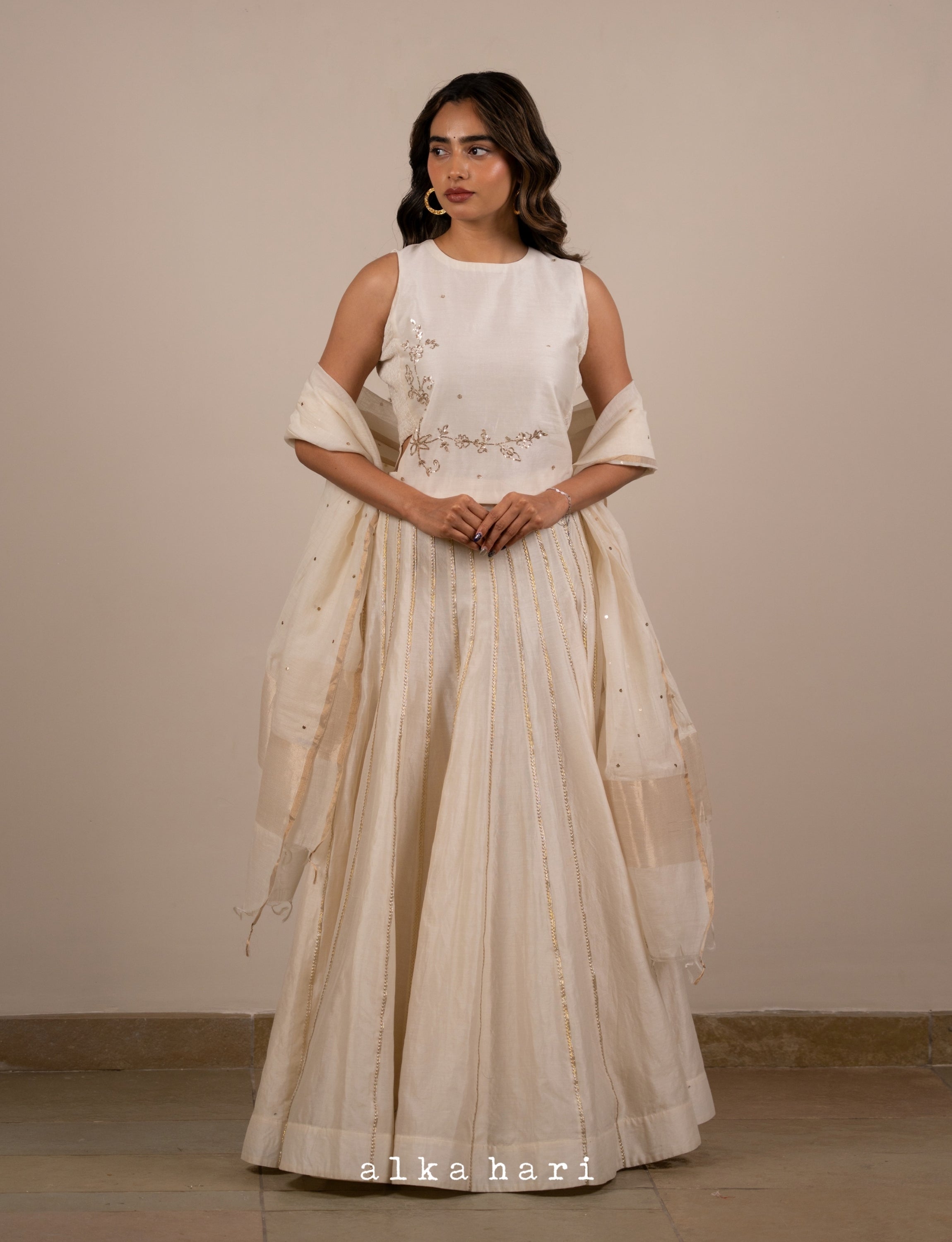 Off White Embroidered Smocked Top with Panelled Skirt