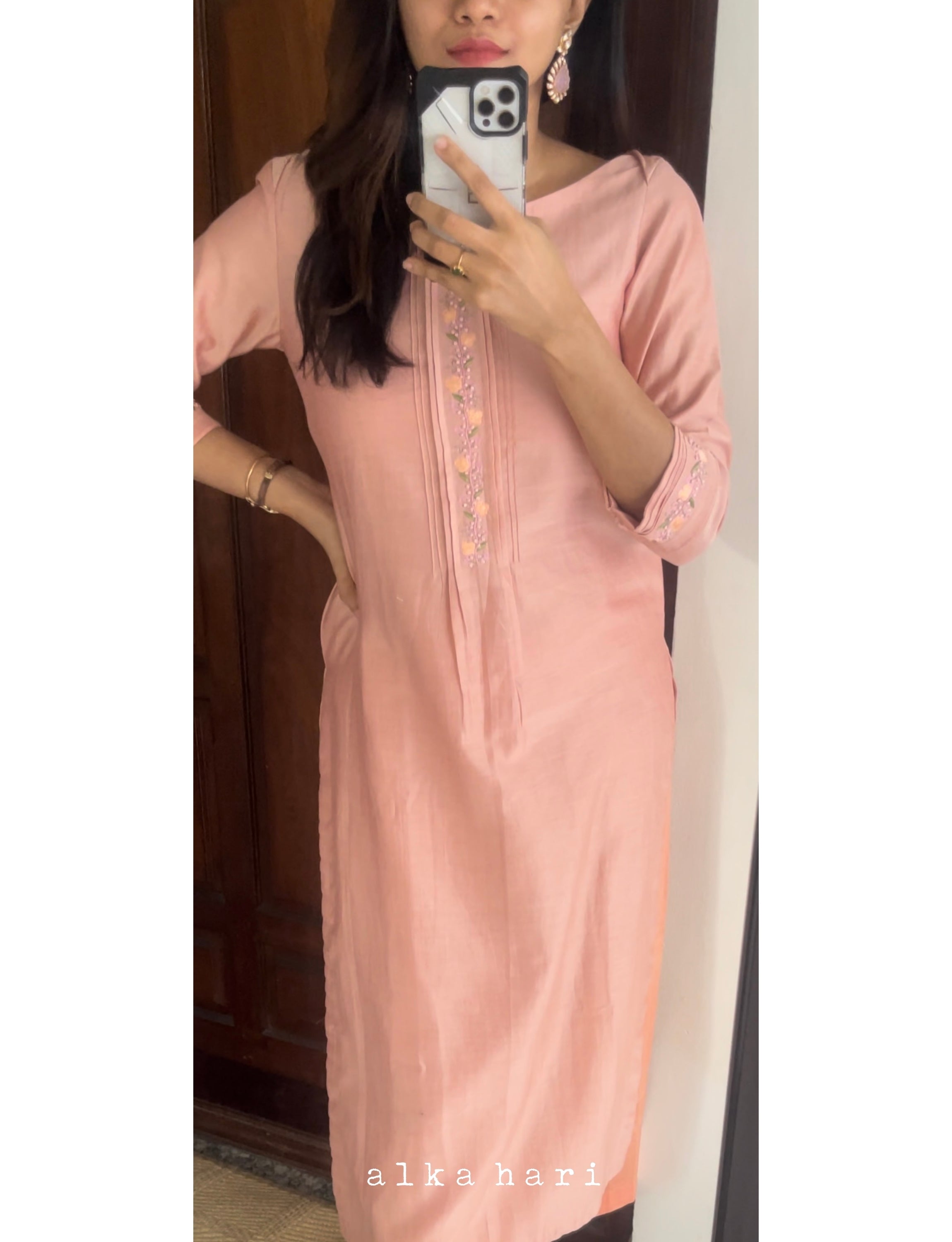 Peach Chanderi Silk Kurta with Embroidery