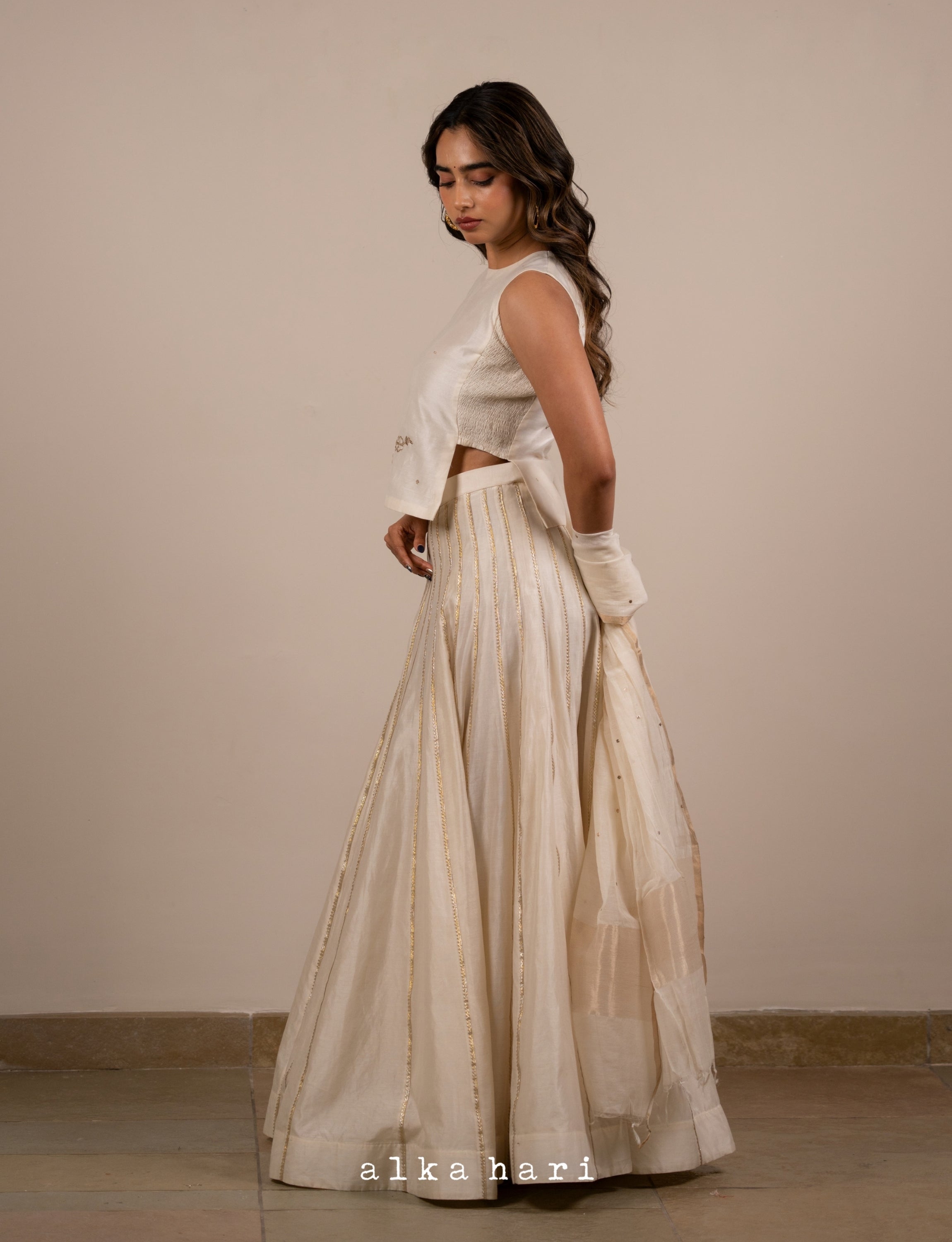 Off White Embroidered Smocked Top with Panelled Skirt