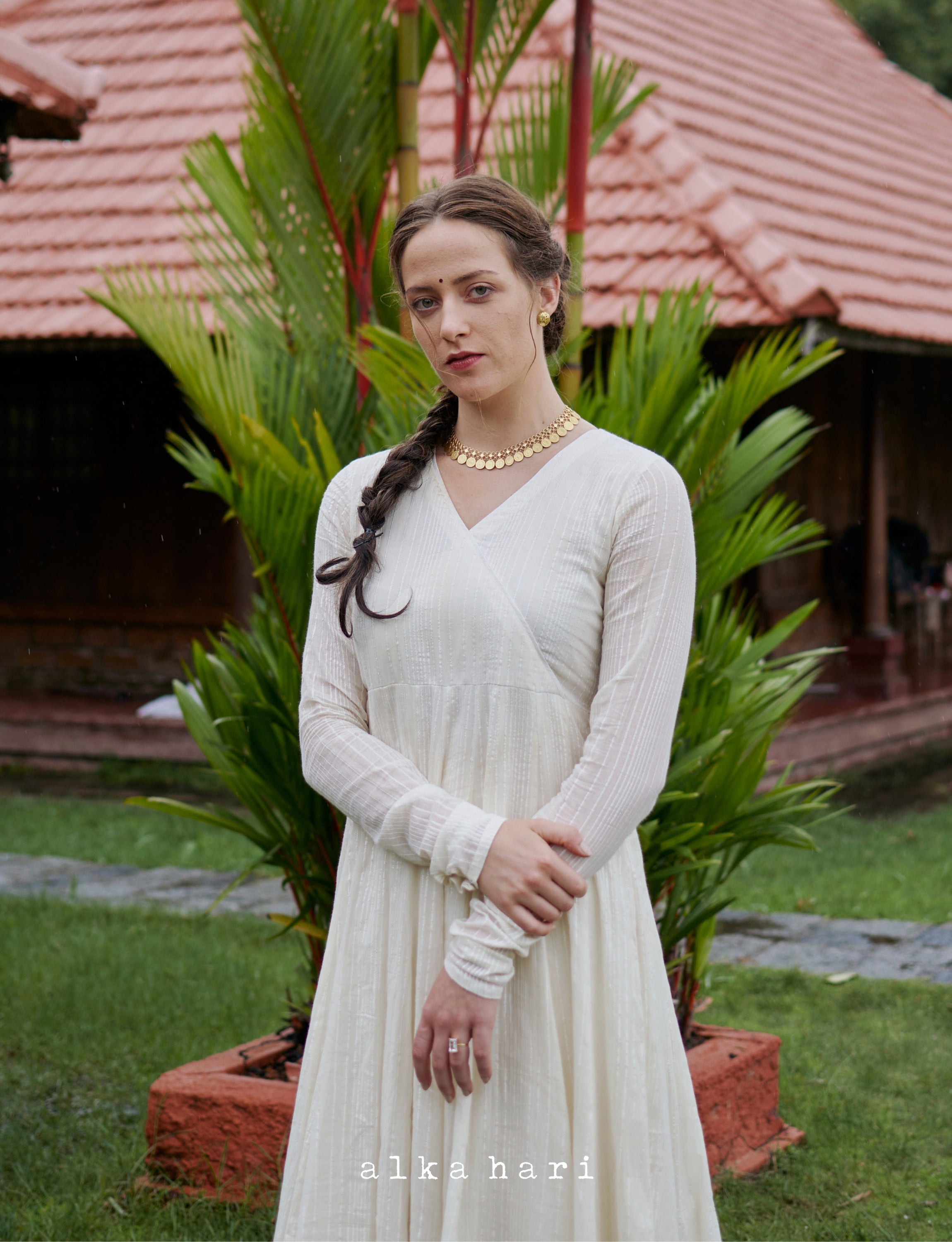 Off White V neck Anarkali