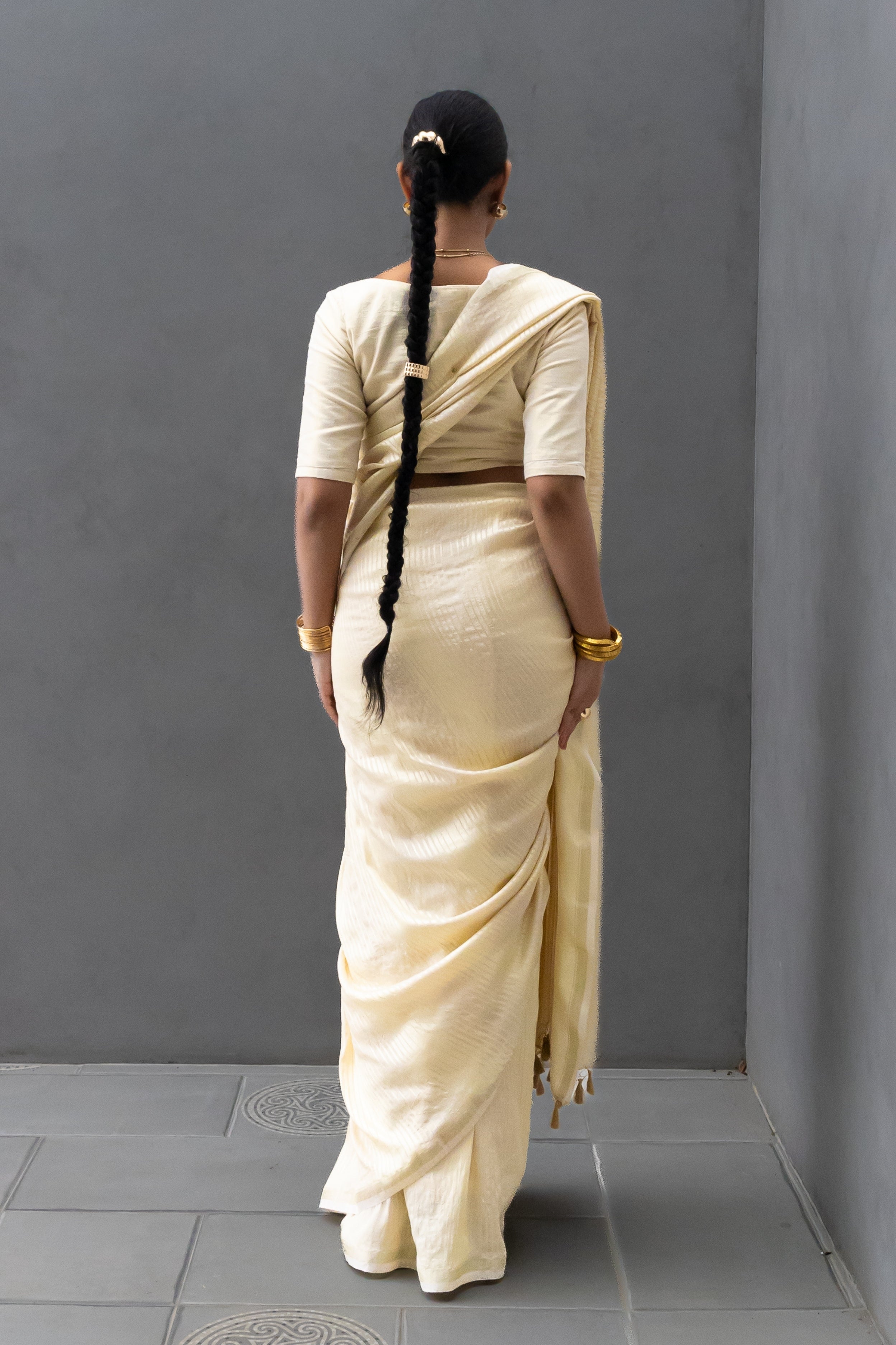 Beige Stripes Silk Saree