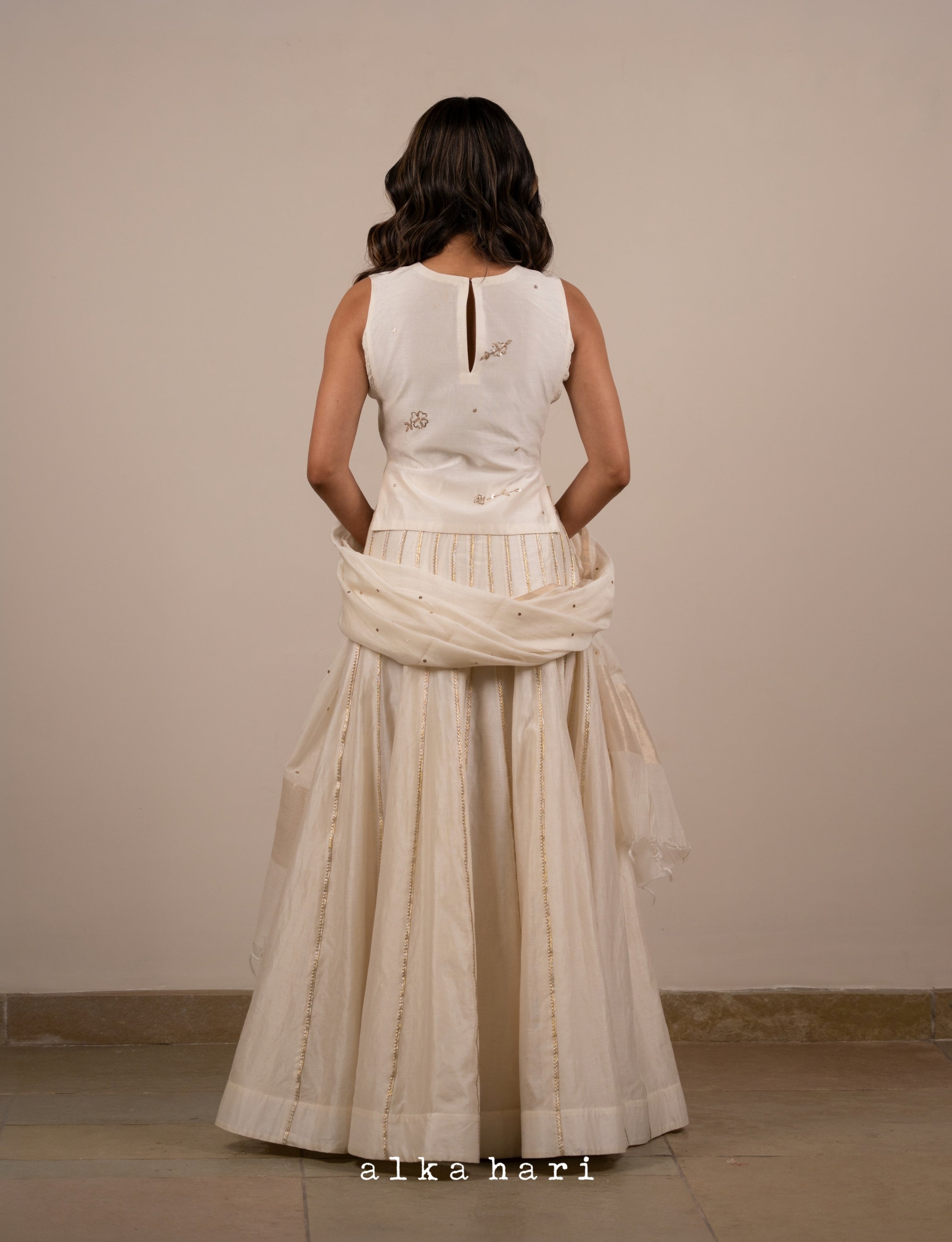 Off White Embroidered Smocked Top with Panelled Skirt