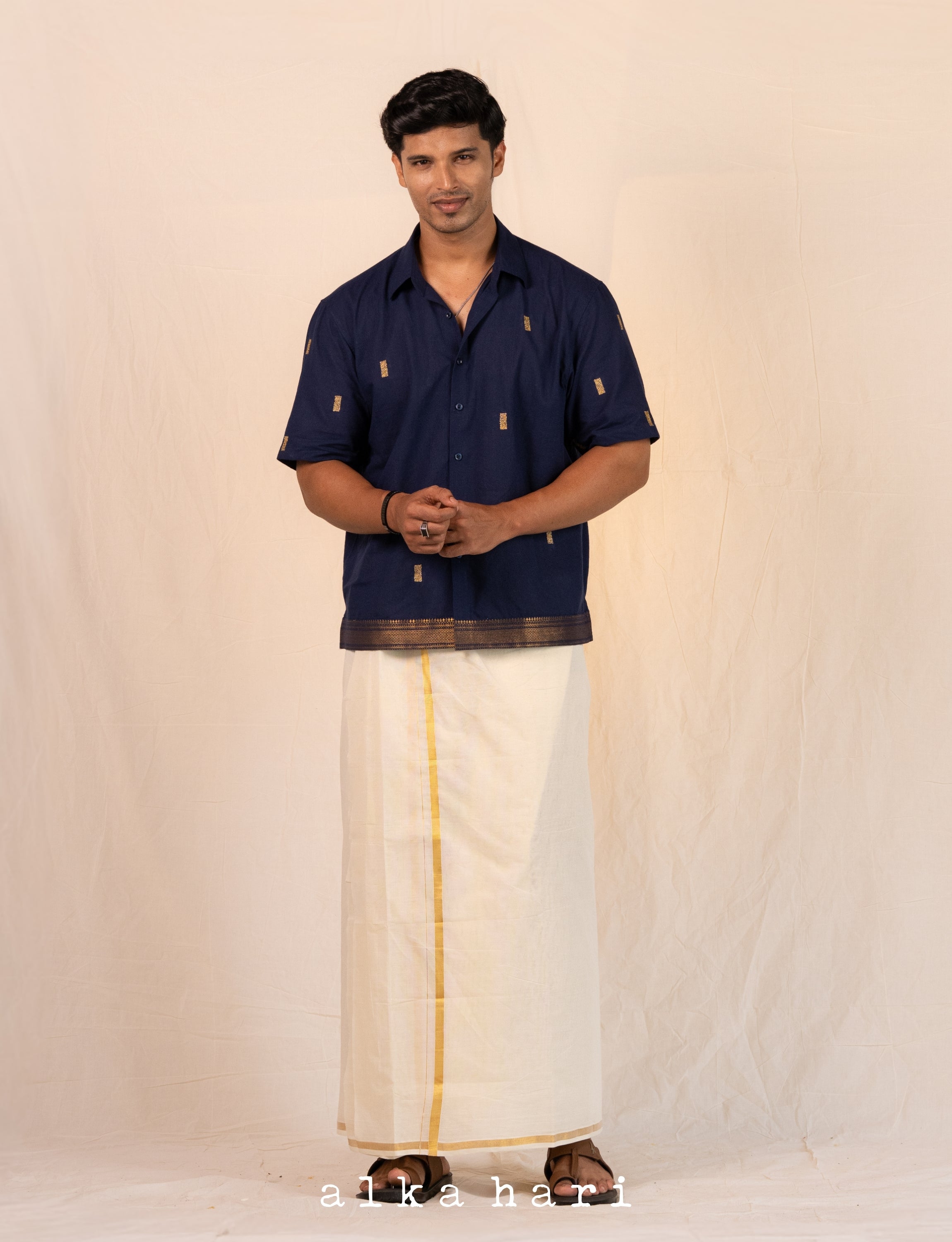 Navy Blue Embroidered Shirt with Border