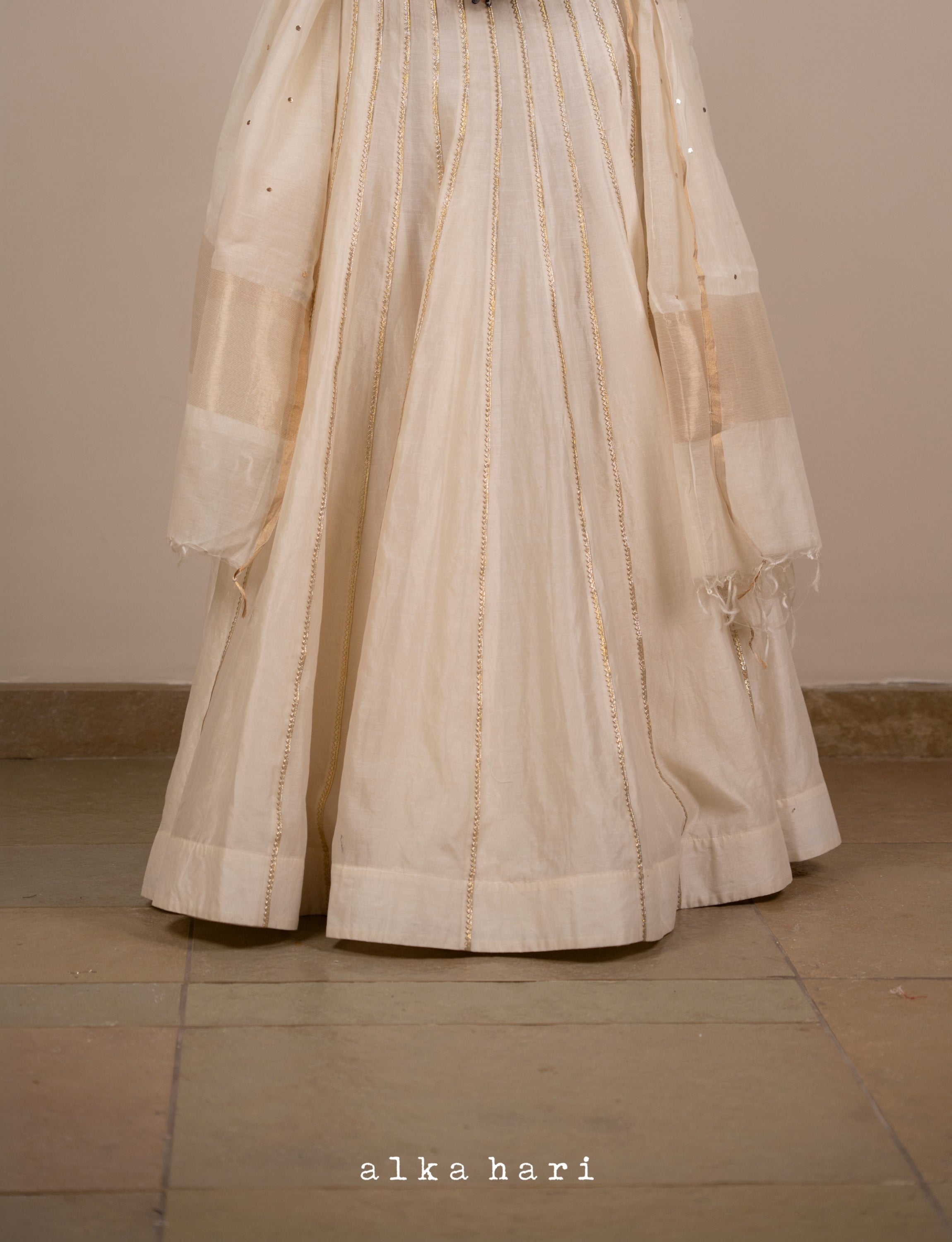 Off White Embroidered Smocked Top with Panelled Skirt