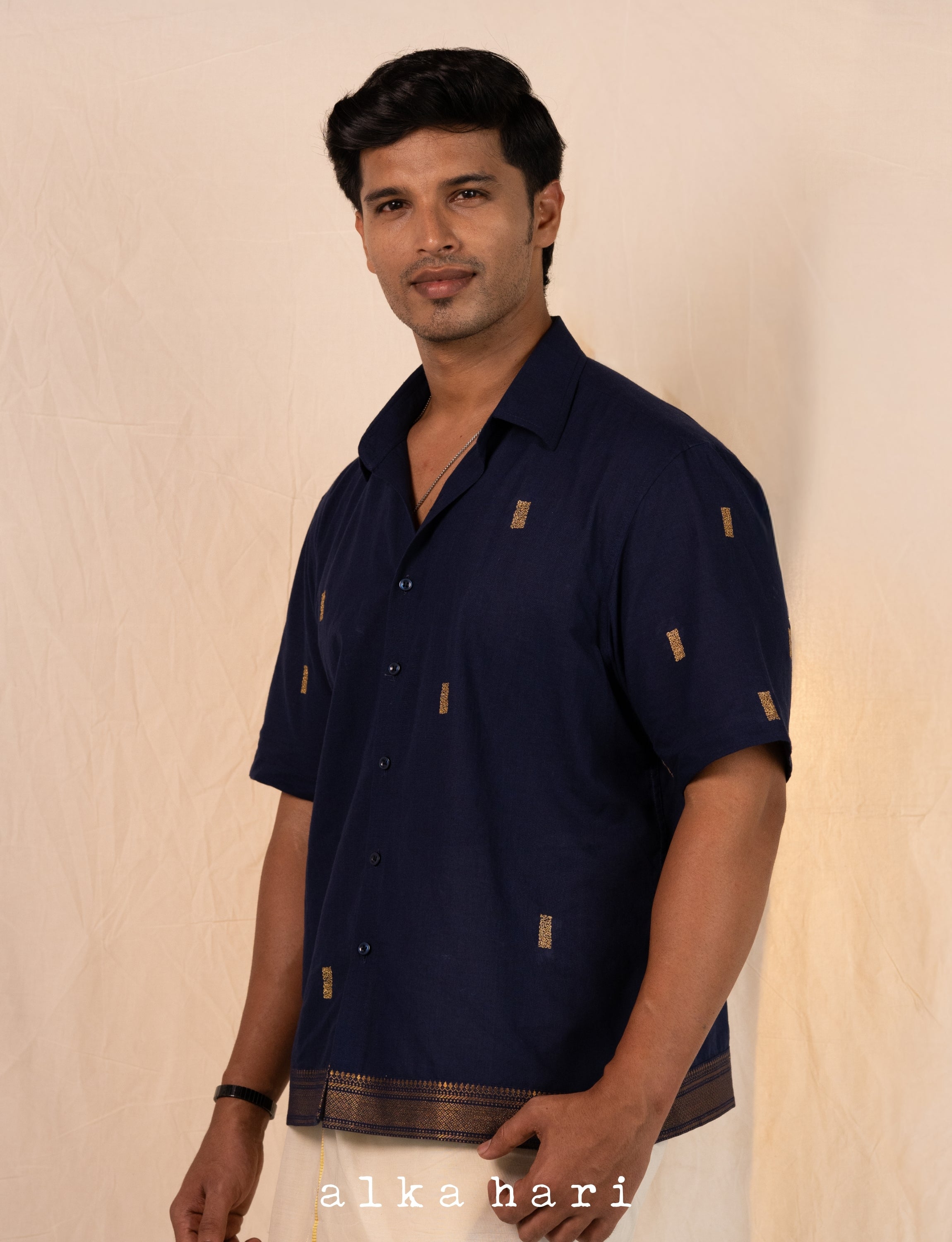 Navy Blue Embroidered Shirt with Border