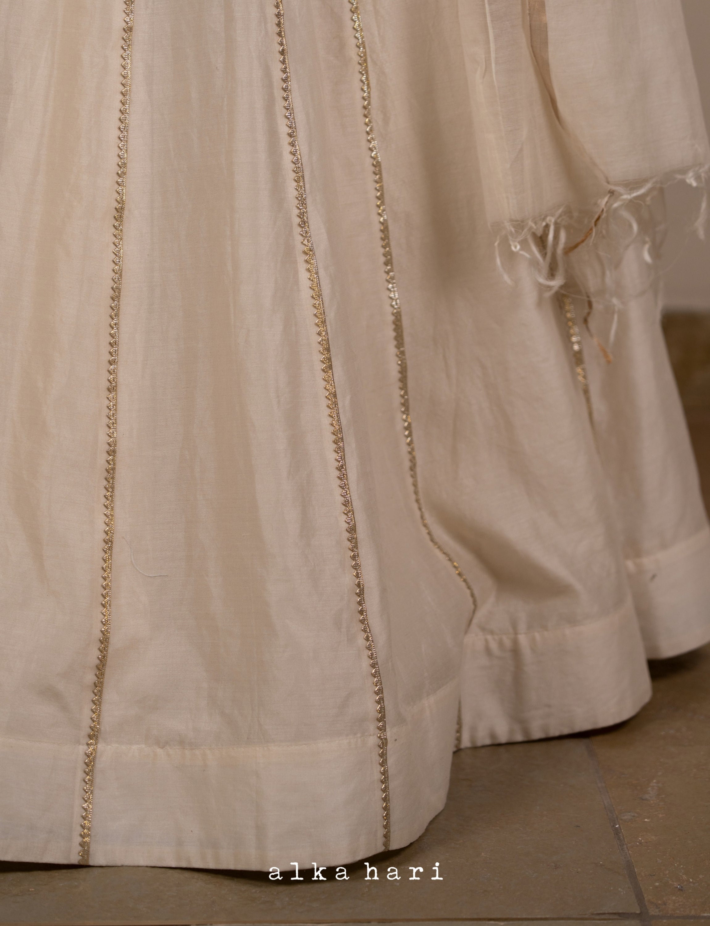 Off White Embroidered Smocked Top with Panelled Skirt