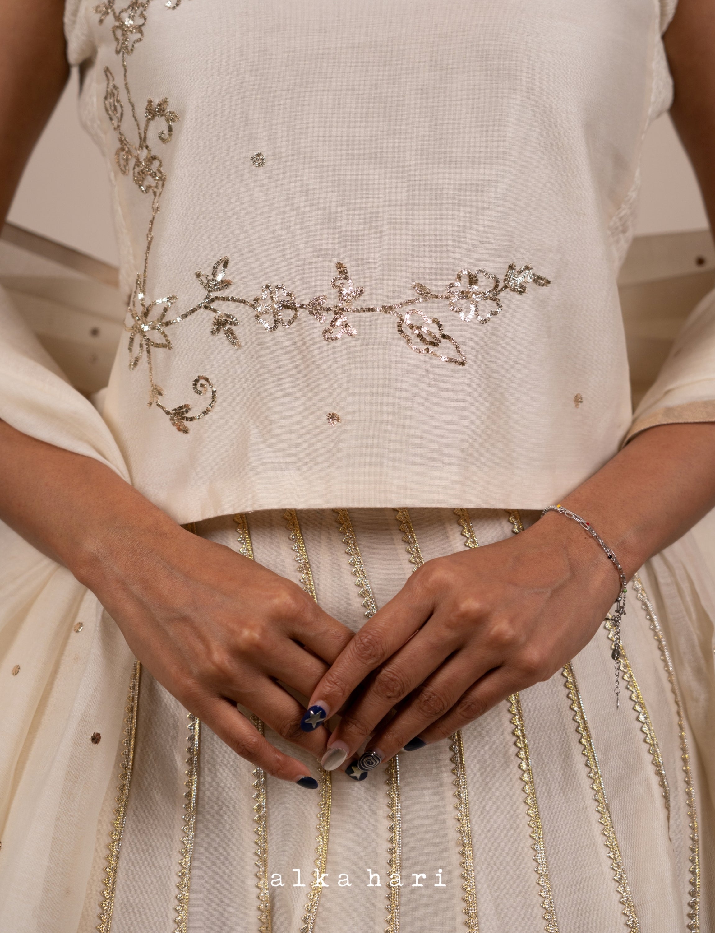 Off White Embroidered Smocked Top with Panelled Skirt